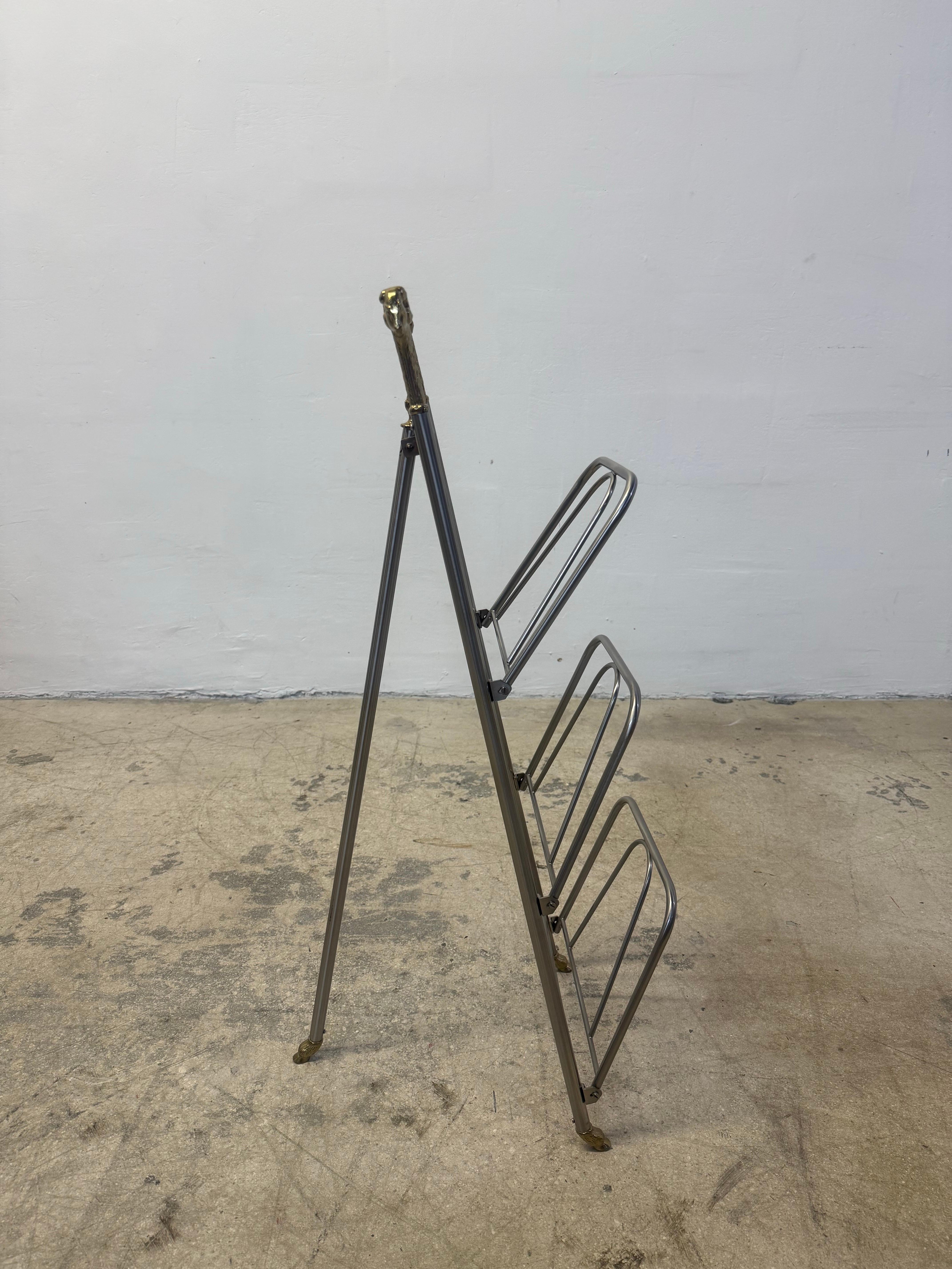 20th Century Maison Jansen Style Steel and Brass Rams Head and Feet Magazine Rack, Italy For Sale