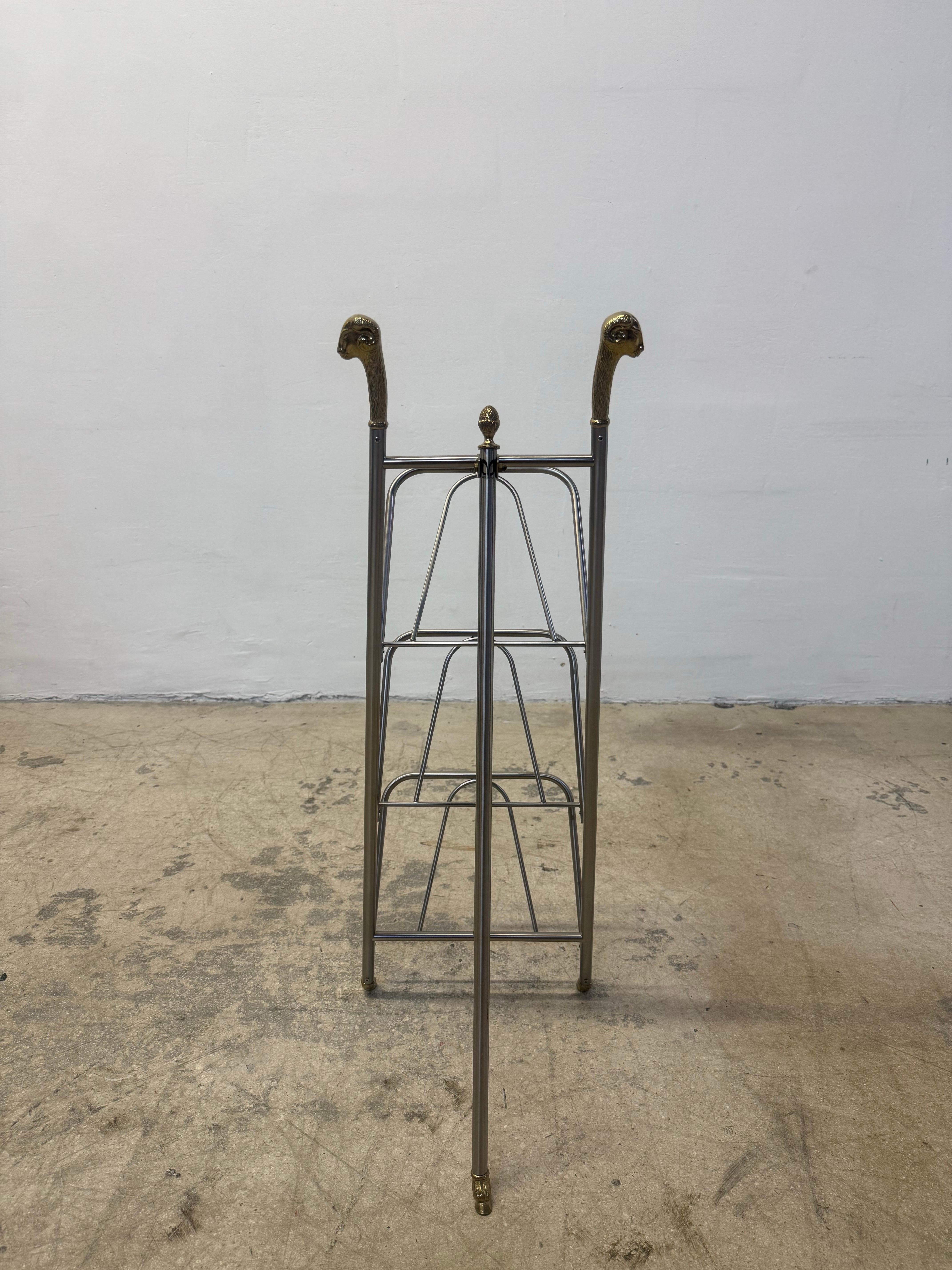 Maison Jansen Style Steel and Brass Rams Head and Feet Magazine Rack, Italy For Sale 1