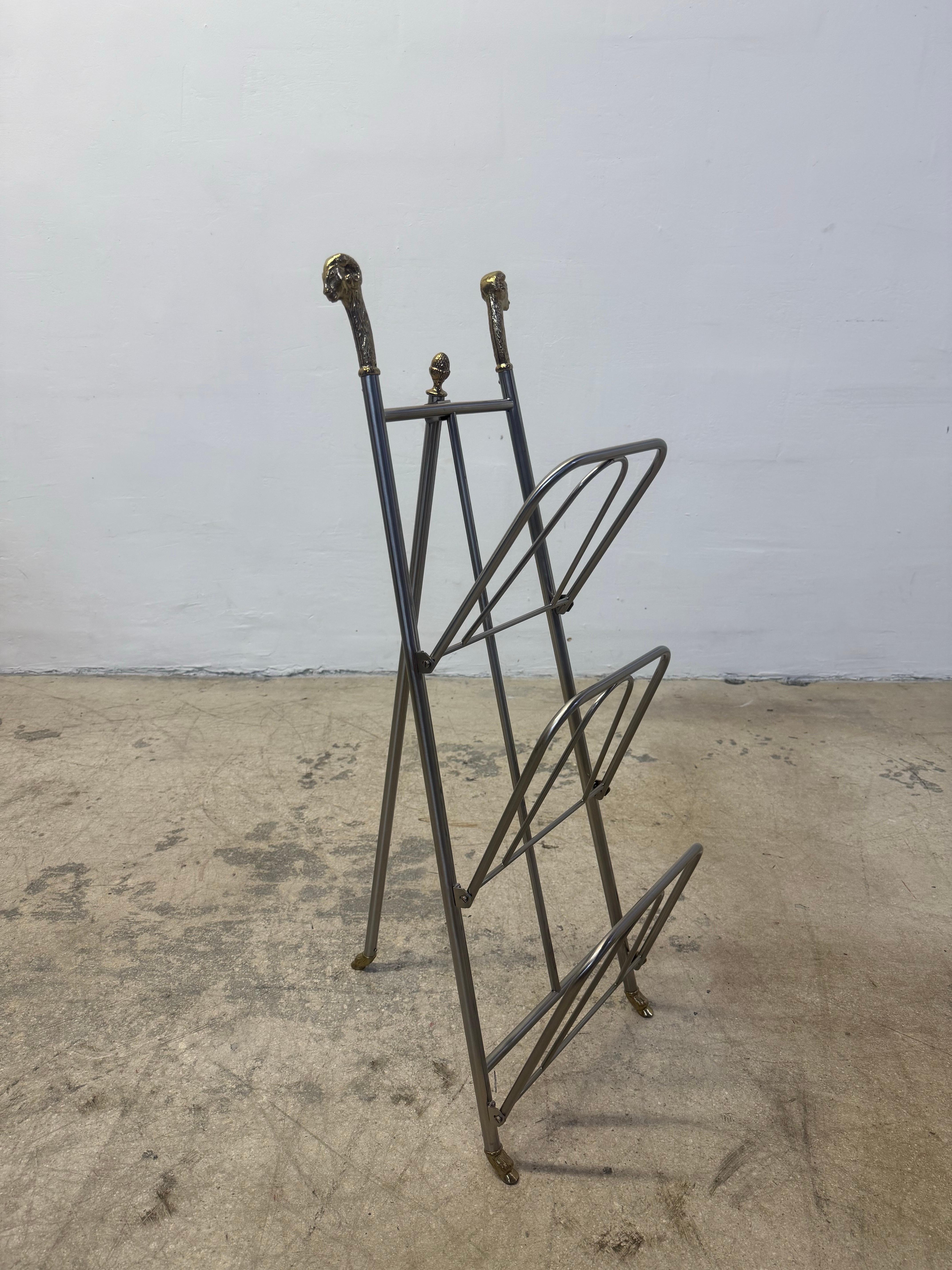 Maison Jansen Style Steel and Brass Rams Head and Feet Magazine Rack, Italy For Sale 2