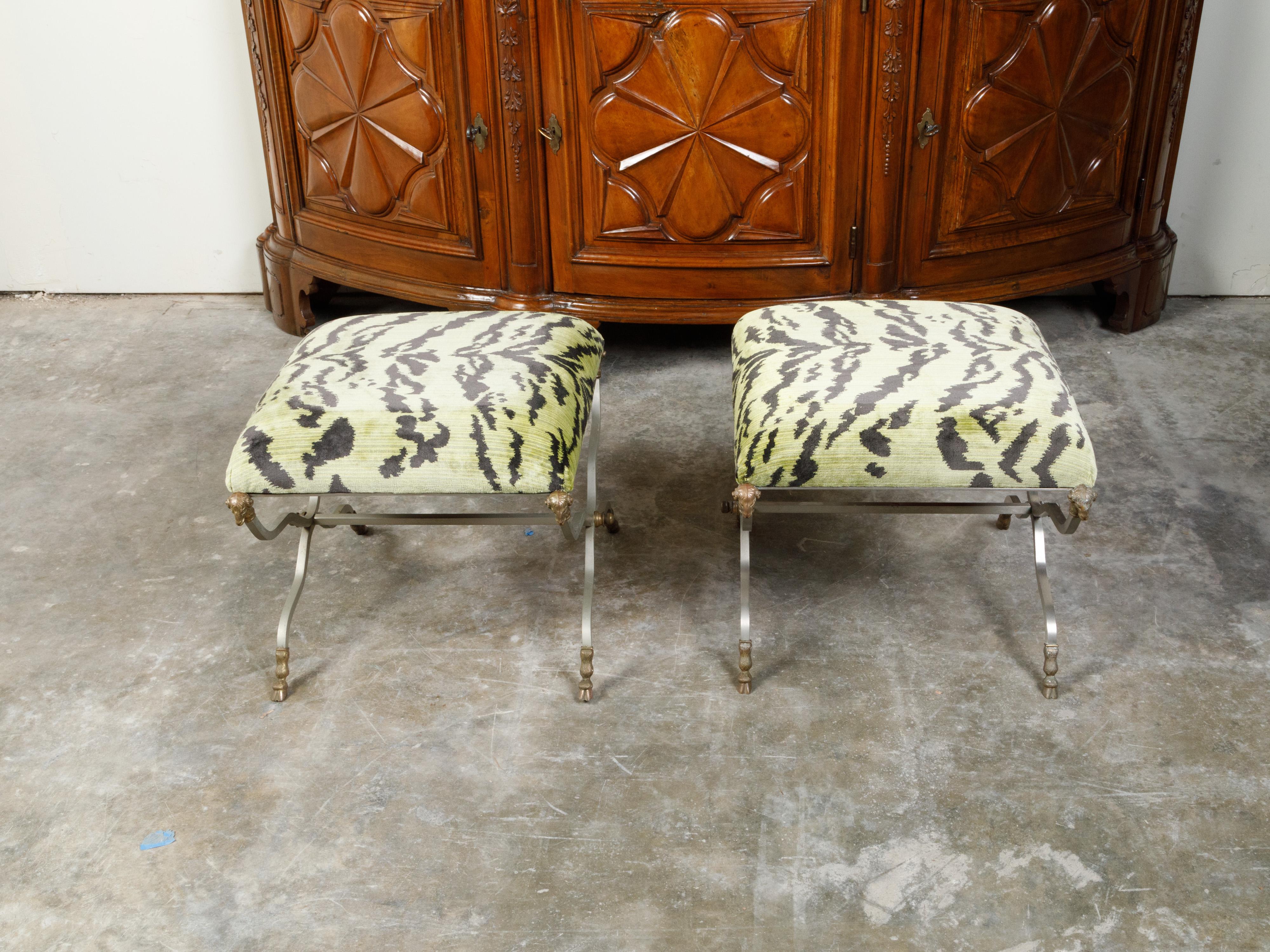 Maison Jansen Style Steel and Brass Stools with Rams' Heads and Hoof Feet For Sale 4
