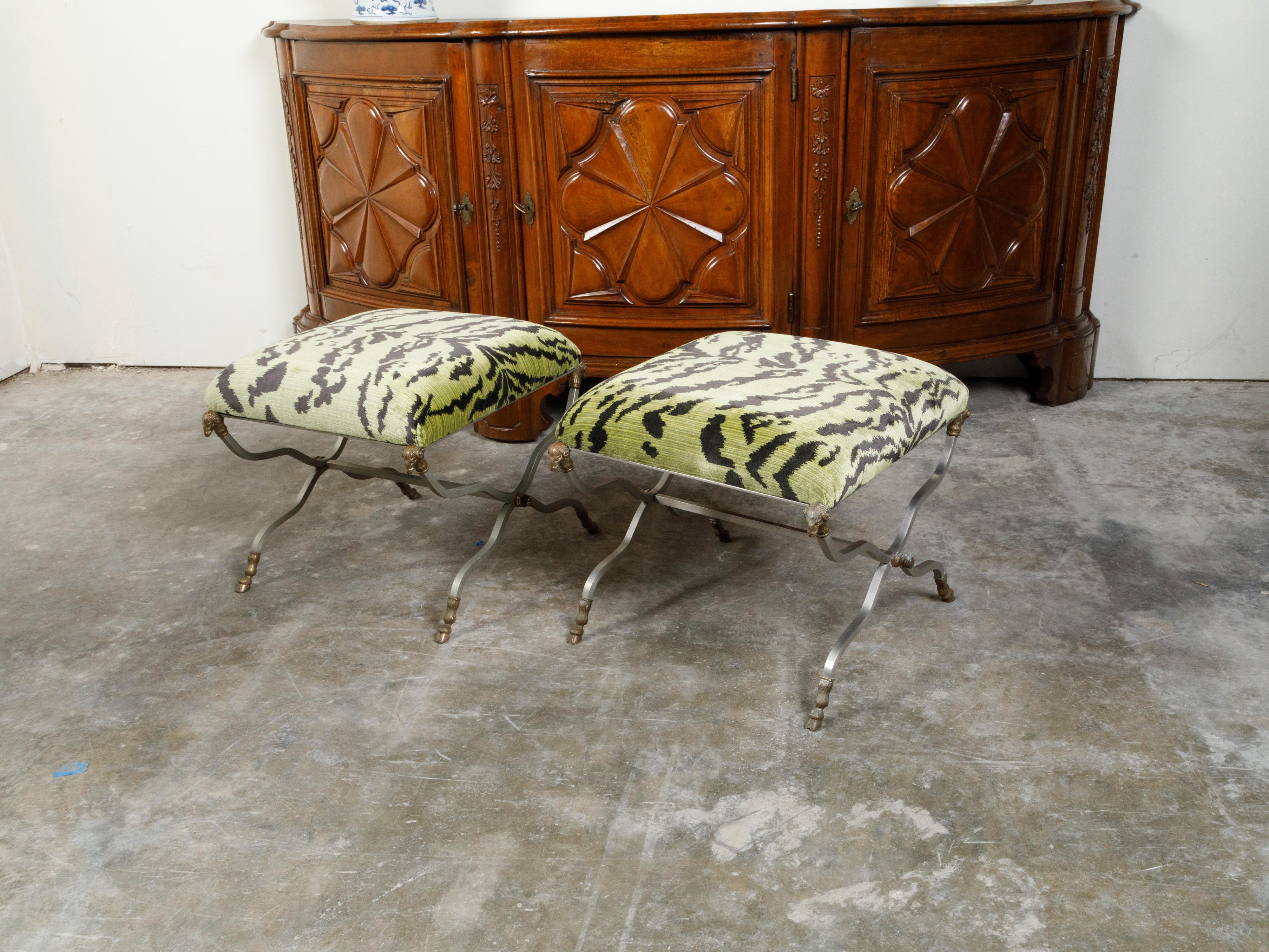Maison Jansen Style Steel and Brass Stools with Rams' Heads and Hoof Feet 5