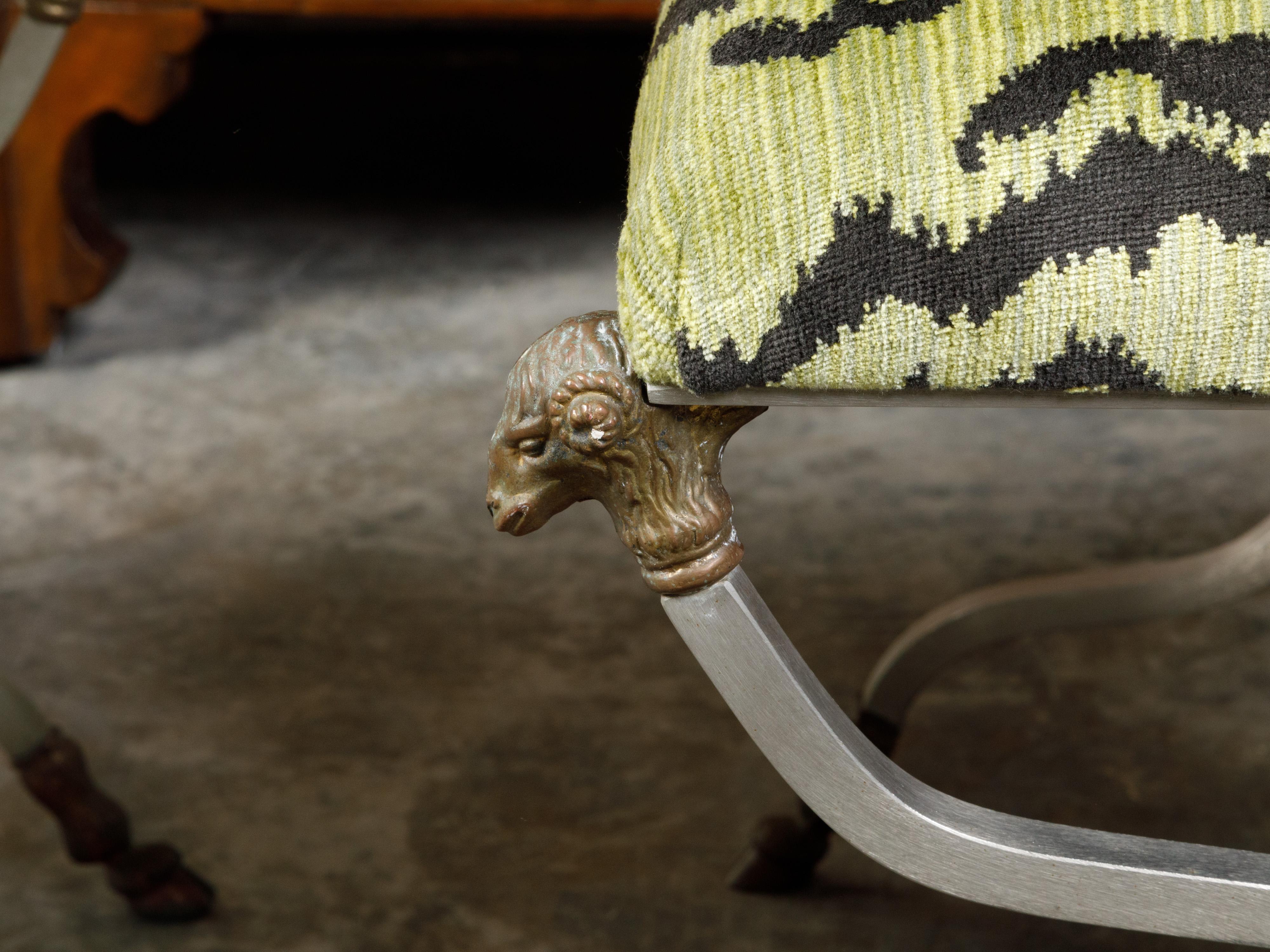 Maison Jansen Style Steel and Brass Stools with Rams' Heads and Hoof Feet In Good Condition In Atlanta, GA