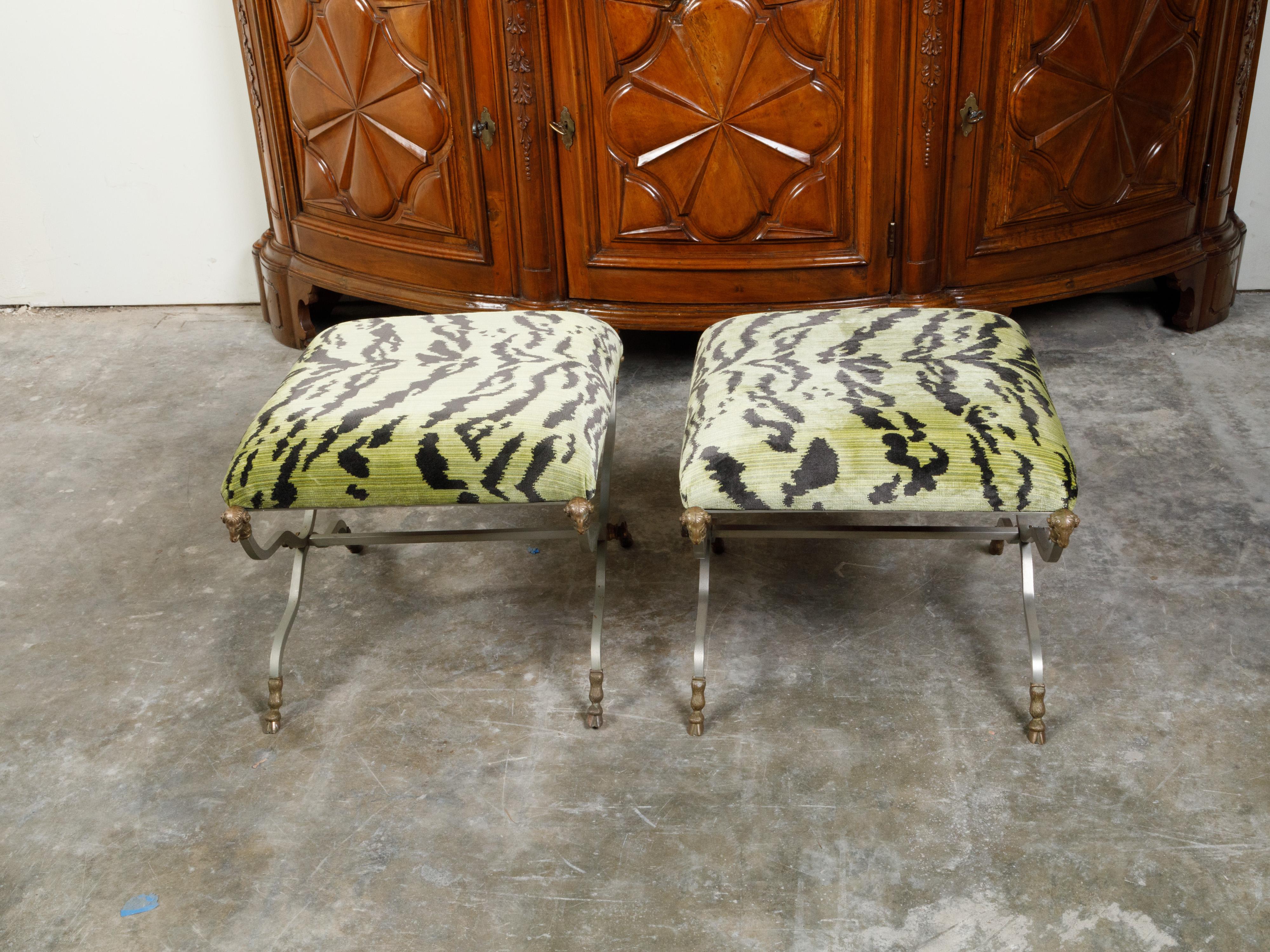 Maison Jansen Style Steel and Brass Stools with Rams' Heads and Hoof Feet For Sale 2