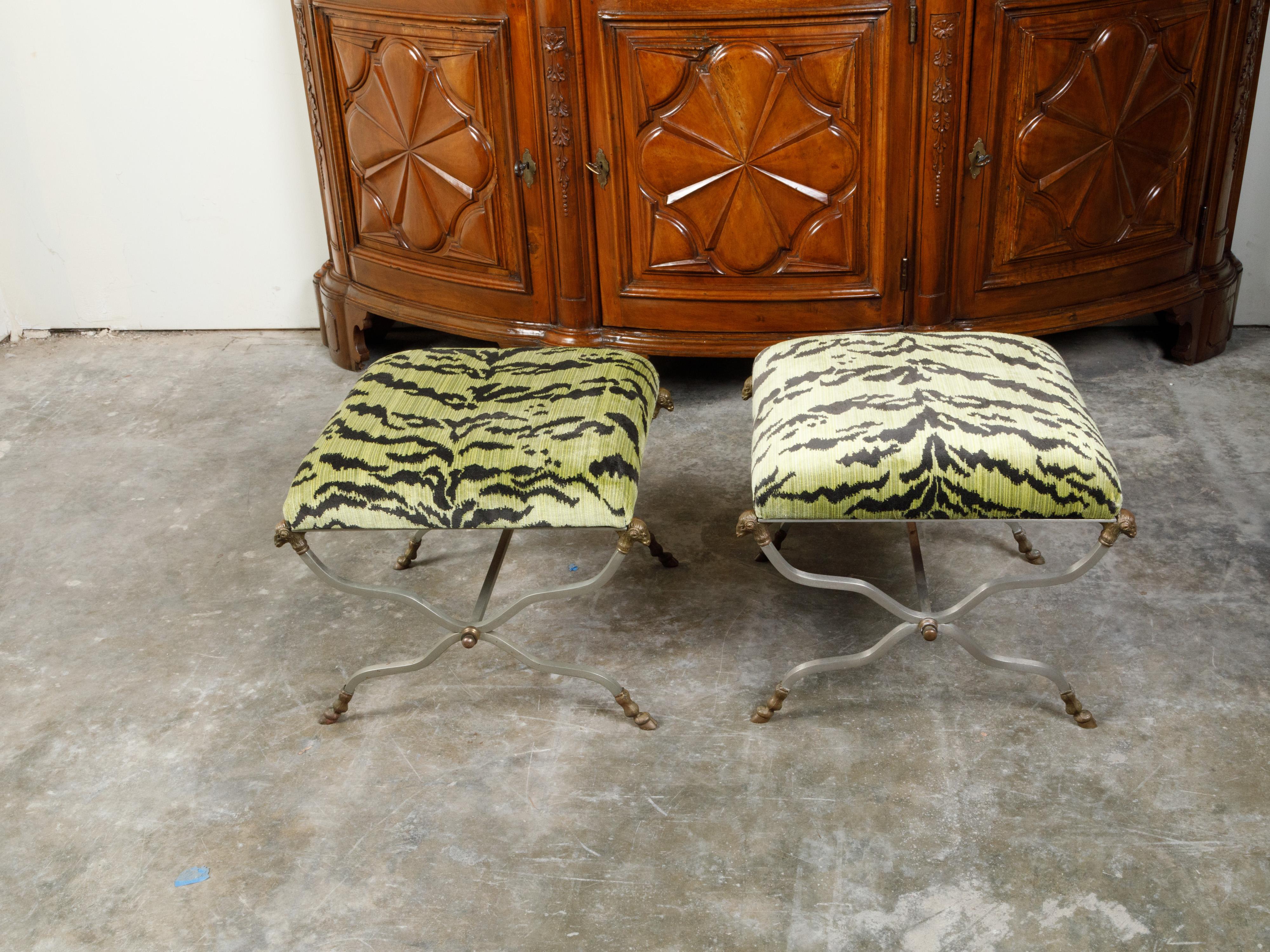 Maison Jansen Style Steel and Brass Stools with Rams' Heads and Hoof Feet For Sale 3