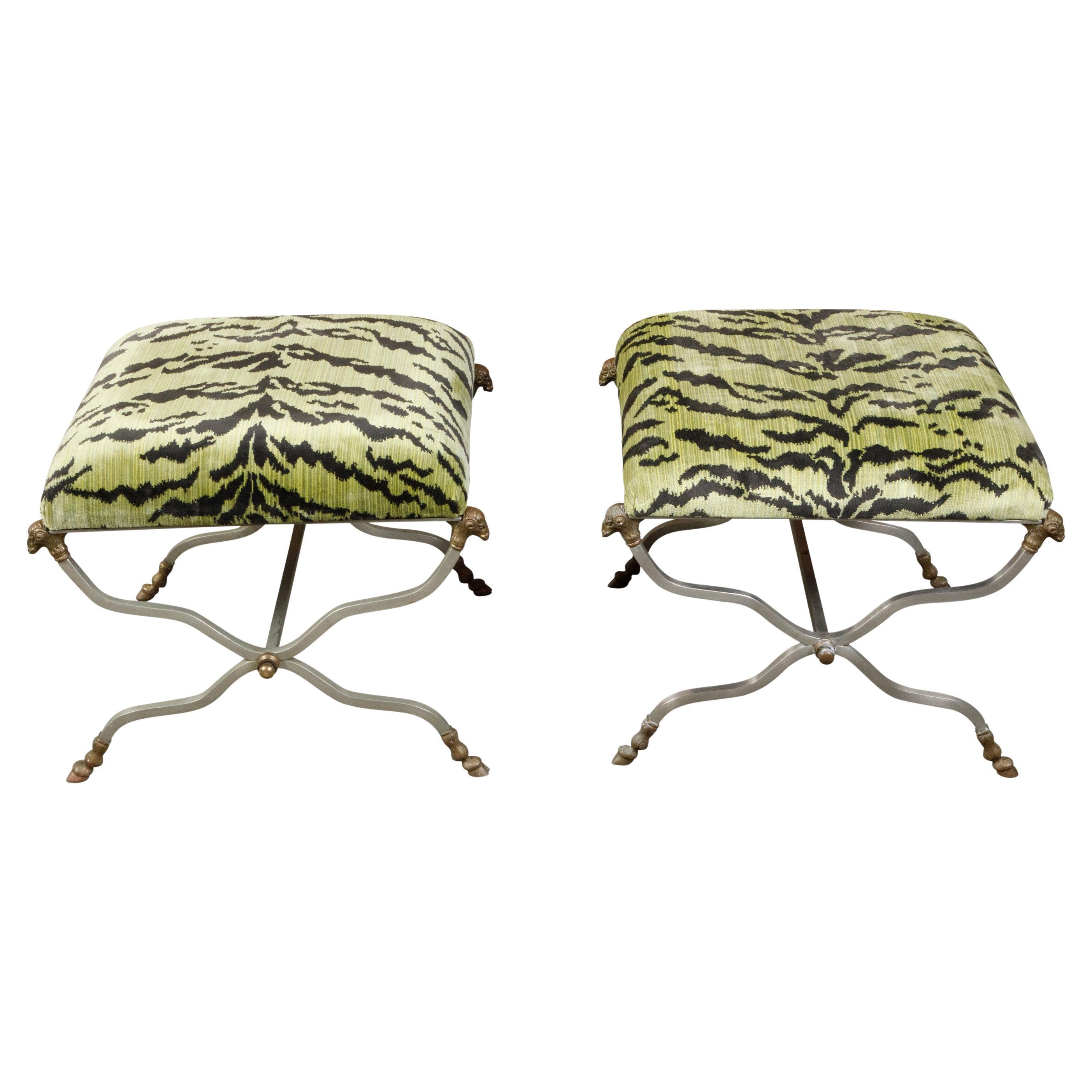 Maison Jansen Style Steel and Brass Stools with Rams' Heads and Hoof Feet