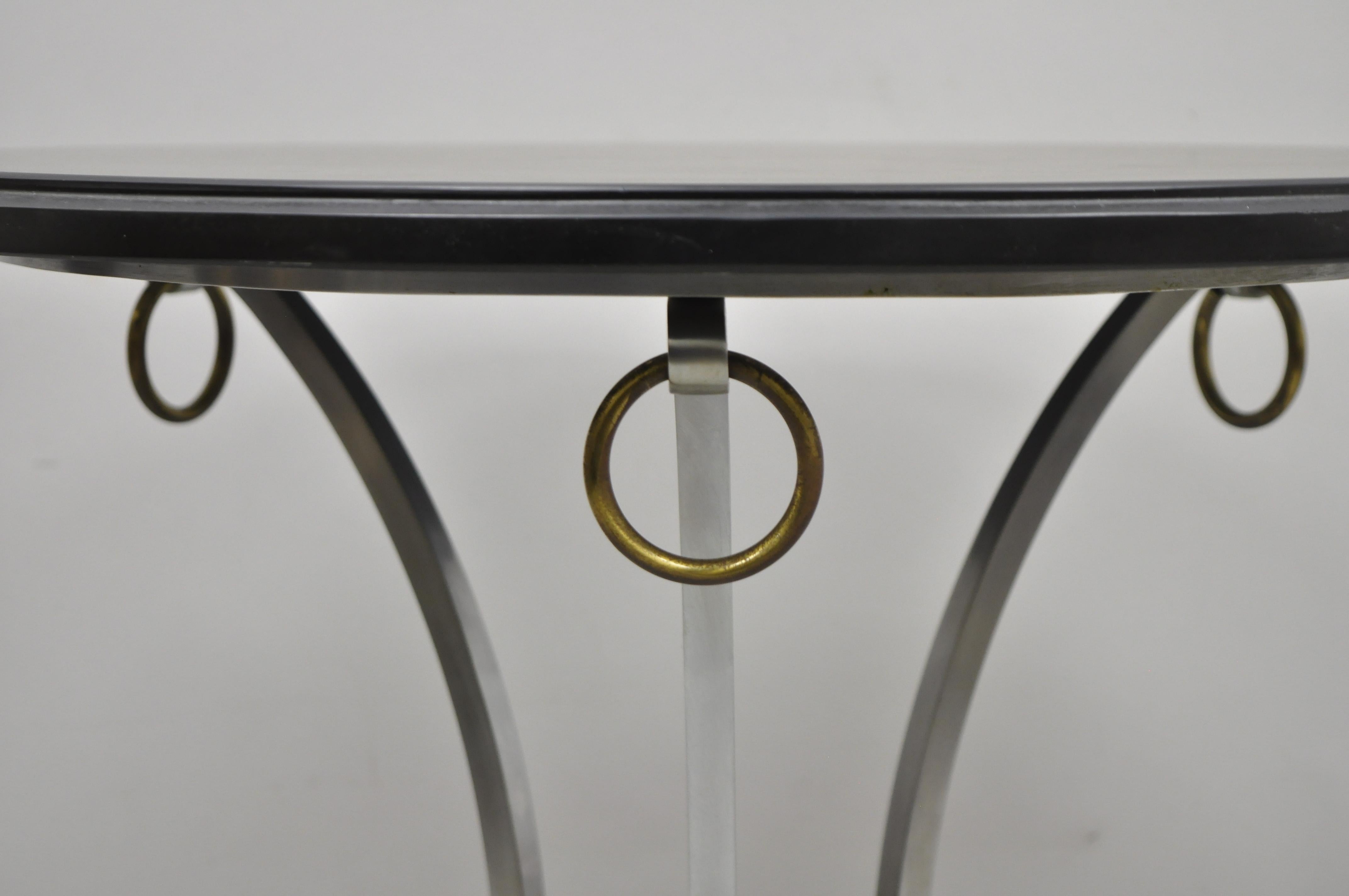 Italian Maison Jansen Style Steel and Bronze Round Slate Top Hoof Feet Lamp Table For Sale