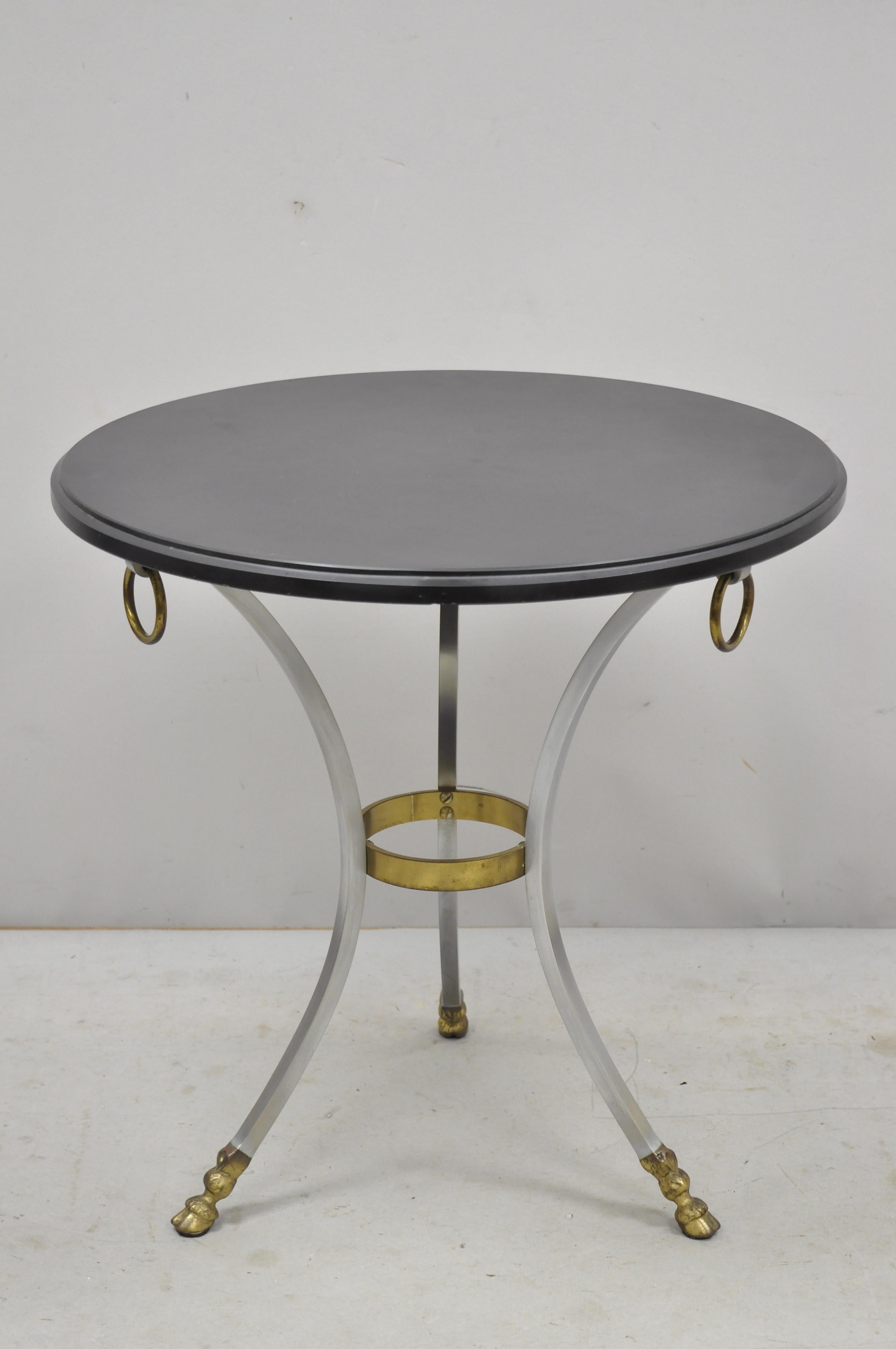 Maison Jansen Style Steel and Bronze Round Slate Top Hoof Feet Lamp Table For Sale 1