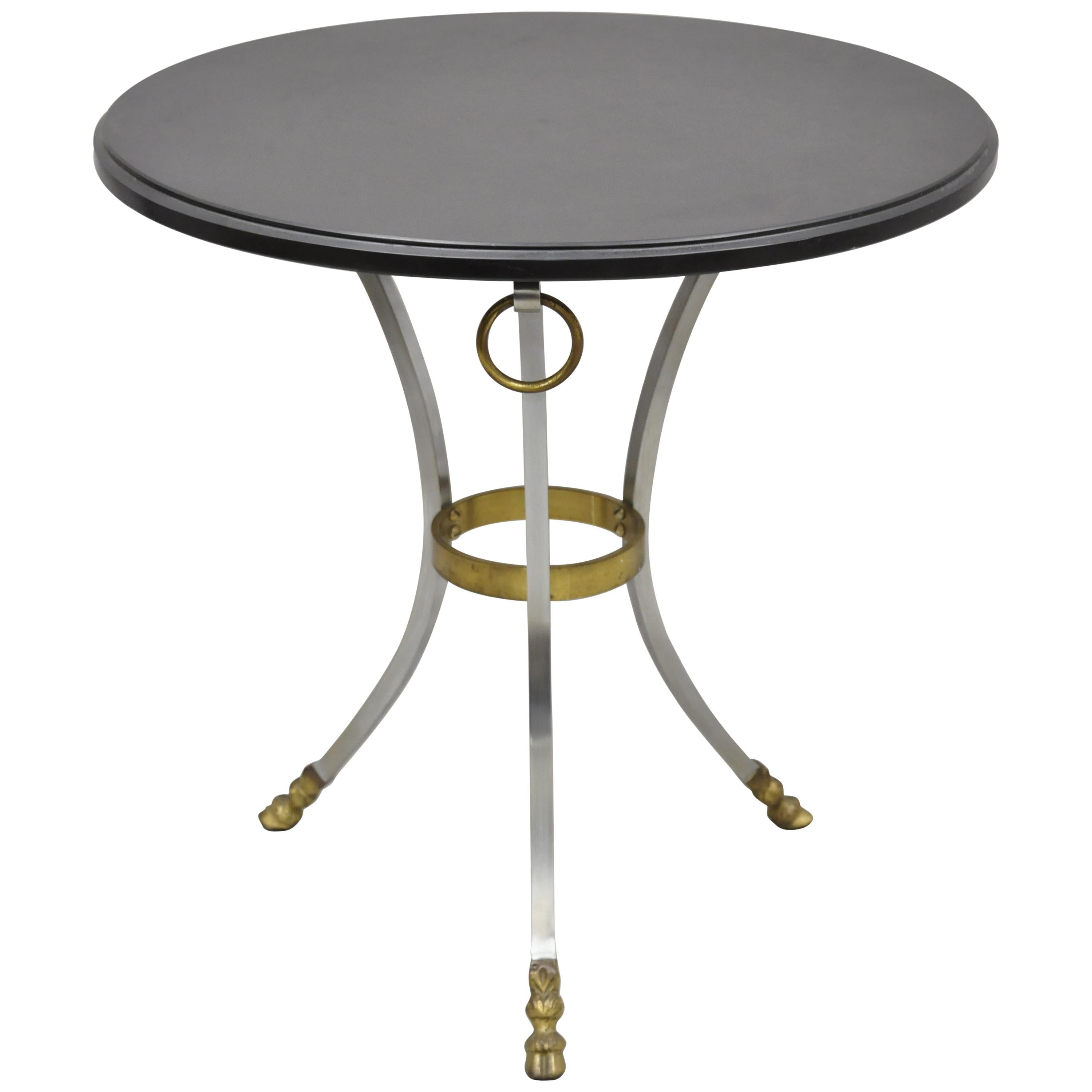 Maison Jansen Style Steel and Bronze Round Slate Top Hoof Feet Lamp Table For Sale