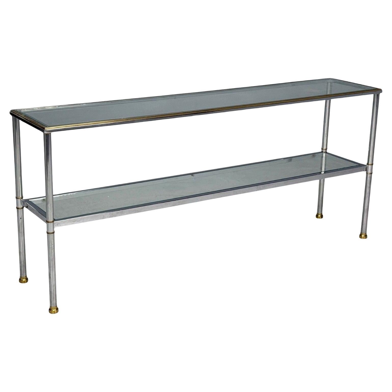 Maison Jansen Style, Steel, Brass, Glass, Console Table, France, 1970s