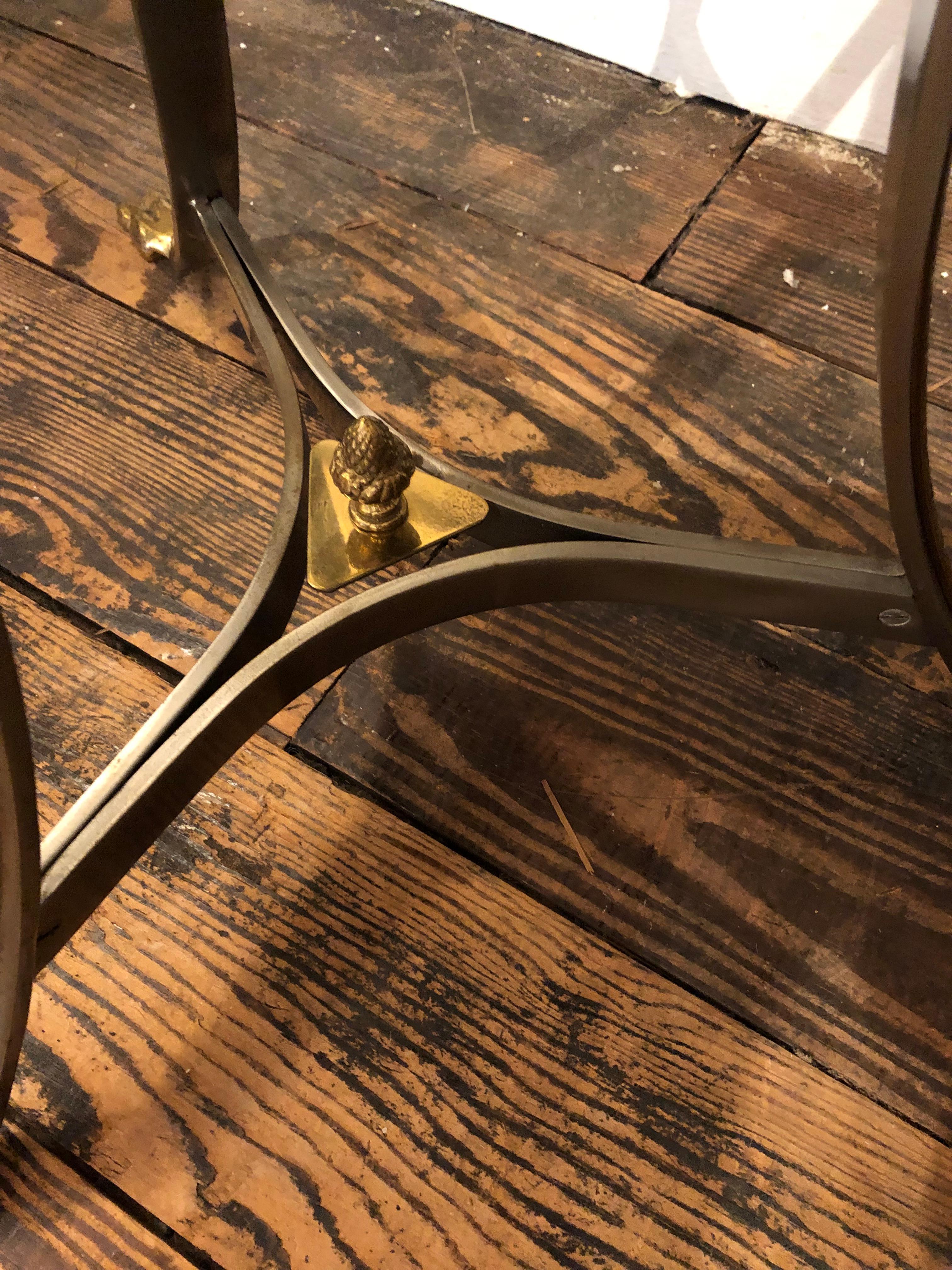 Hollywood Regency Maison Jansen Style Steel Brass & Marble Round Side Table
