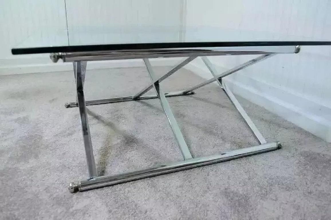 Verre Table basse carrée moderne à triple cadre en X, chrome et verre de style Maison Jansen en vente