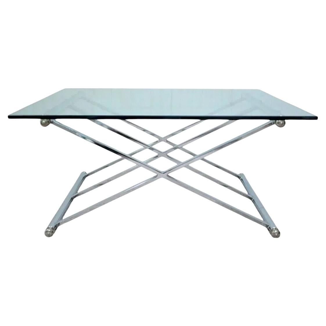 Maison Jansen Style Triple X-Frame Modern Chrome & Glass Square Coffee Table