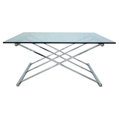 Moderner quadratischer Couchtisch aus Chrom und Glas mit drei X-Rahmen im Maison Jansen-Stil