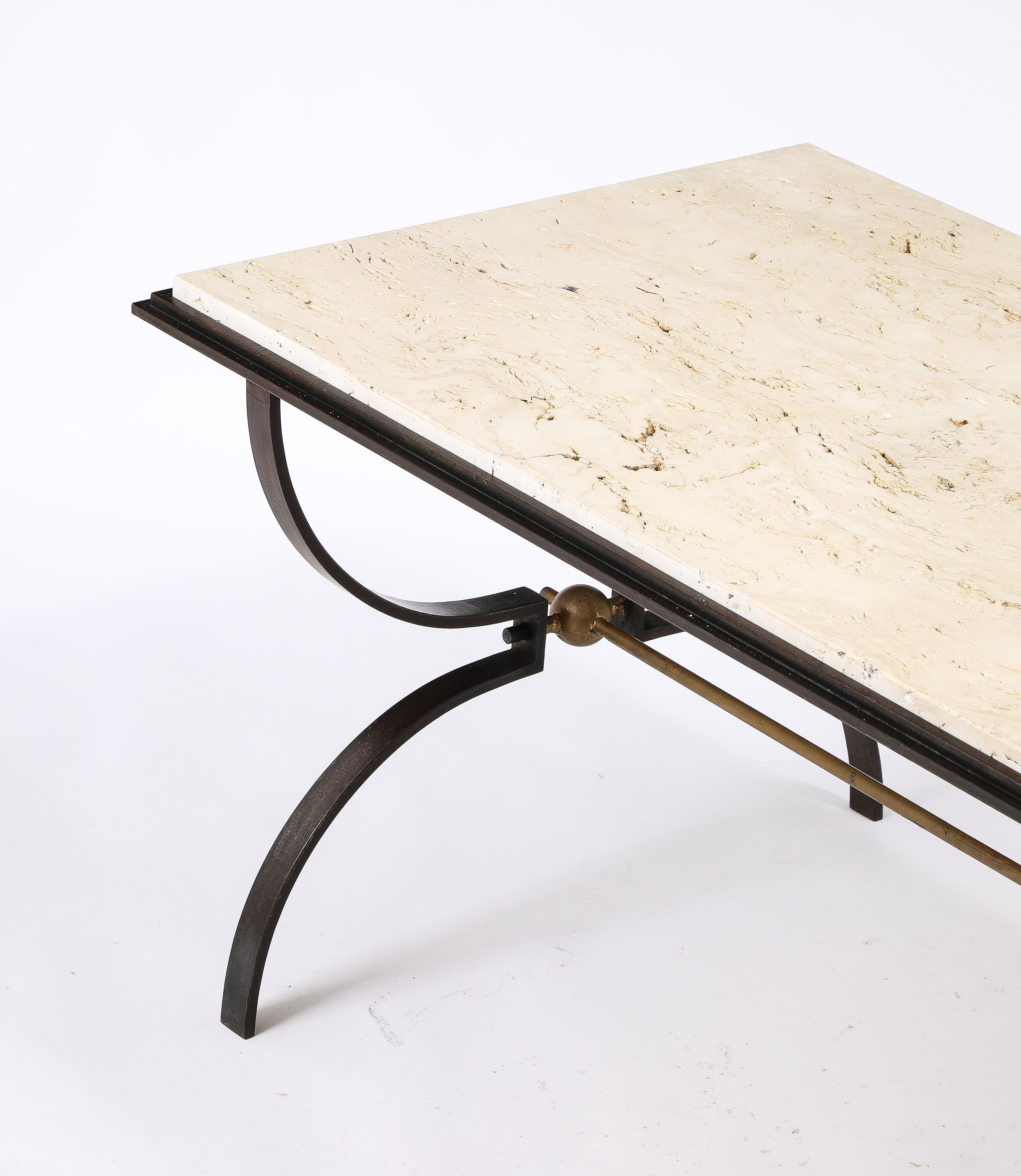 Maison jansen Travertine and Wrought Iron Coffee Table For Sale 3
