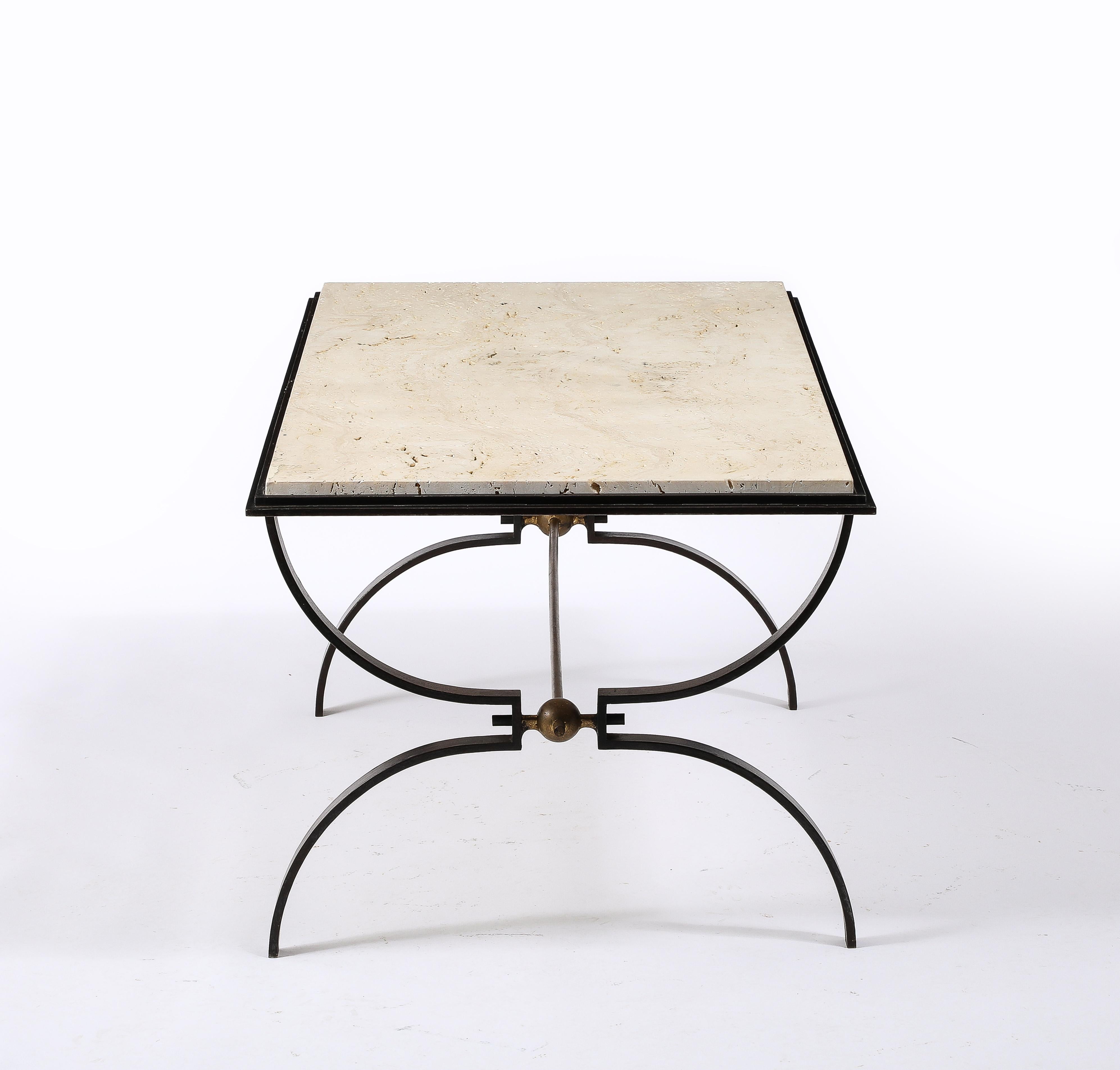Maison jansen Travertine and Wrought Iron Coffee Table For Sale 4