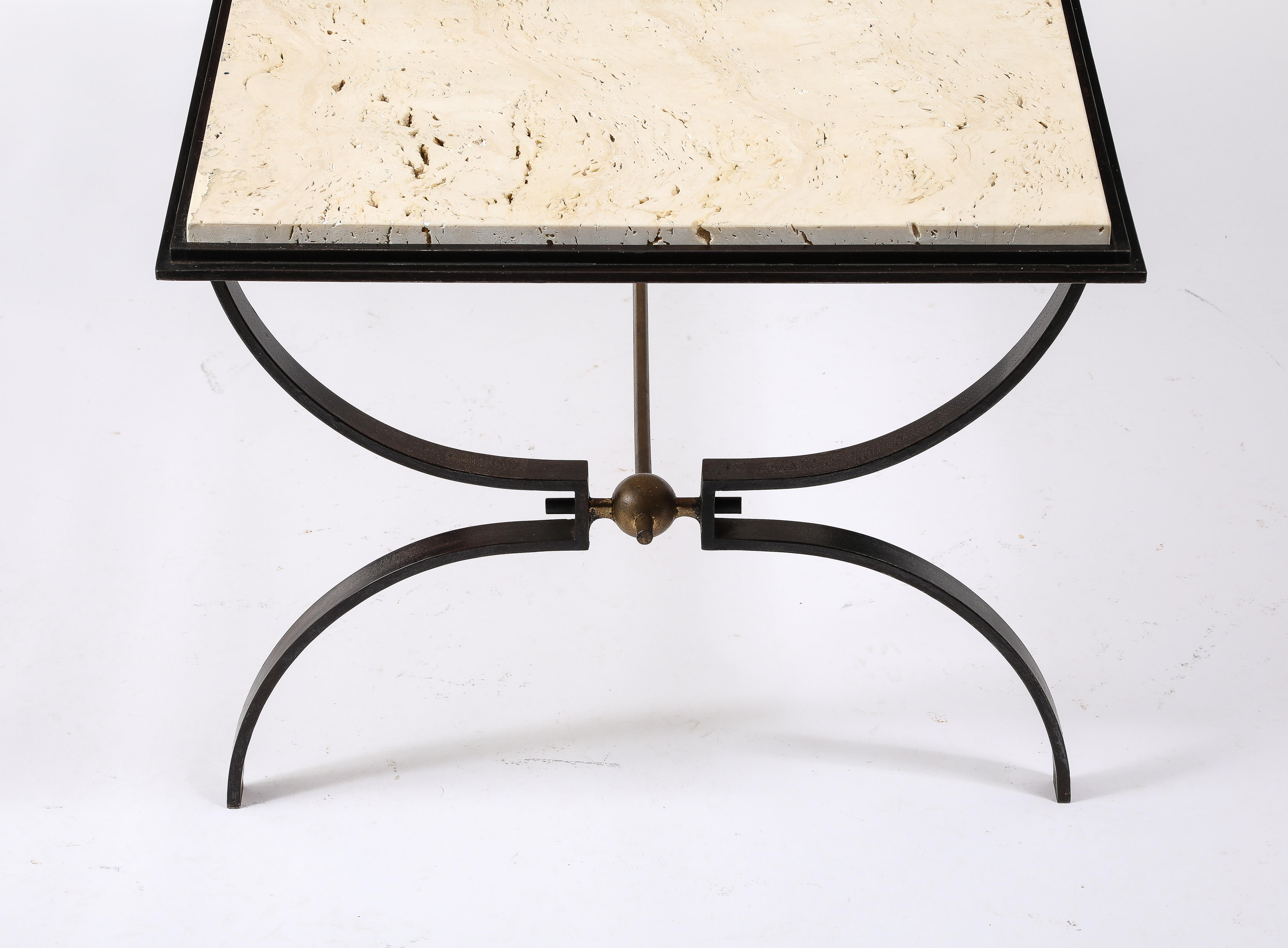 Maison jansen Travertine and Wrought Iron Coffee Table For Sale 5