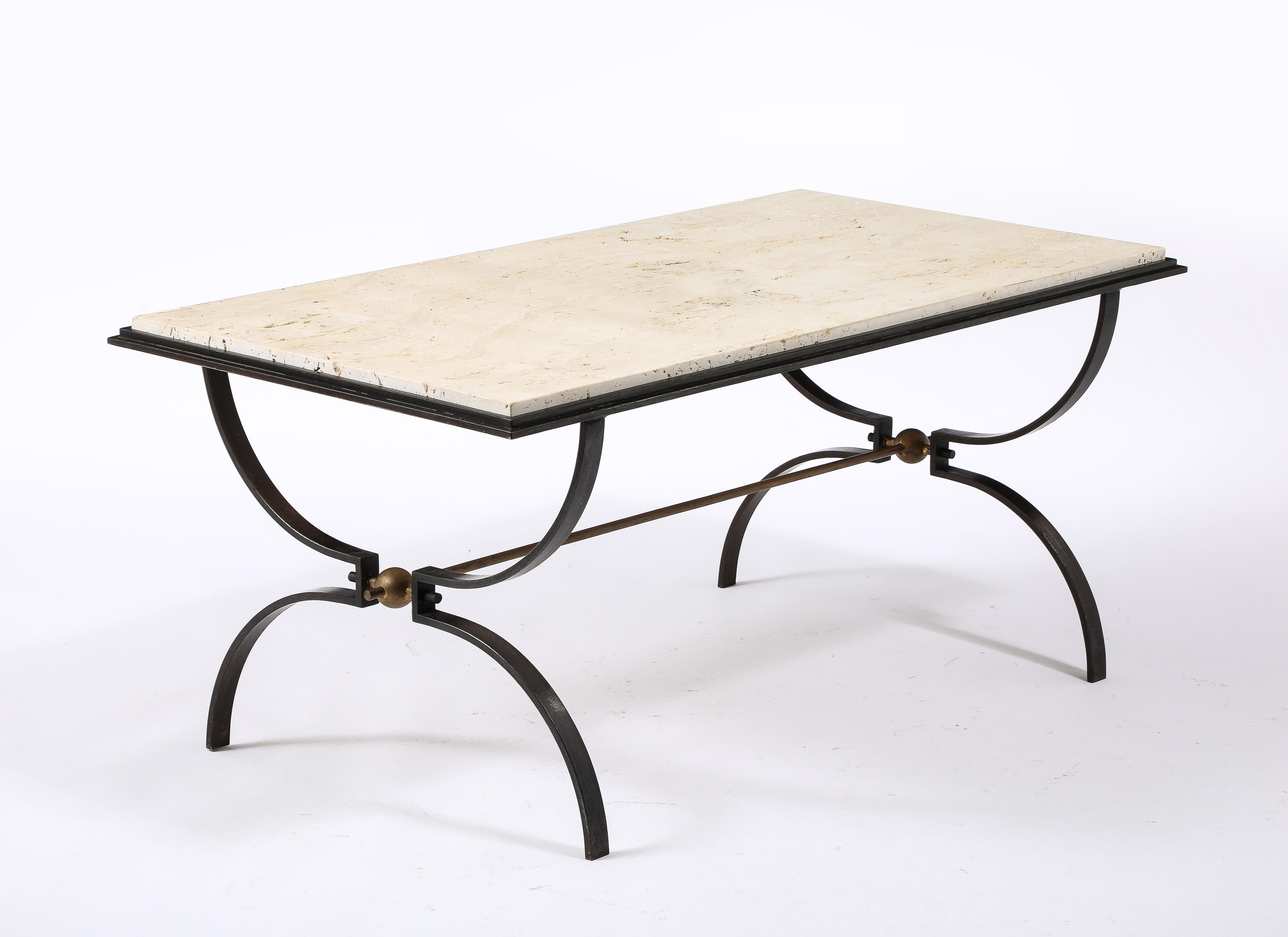 Maison jansen Travertine and Wrought Iron Coffee Table For Sale 6
