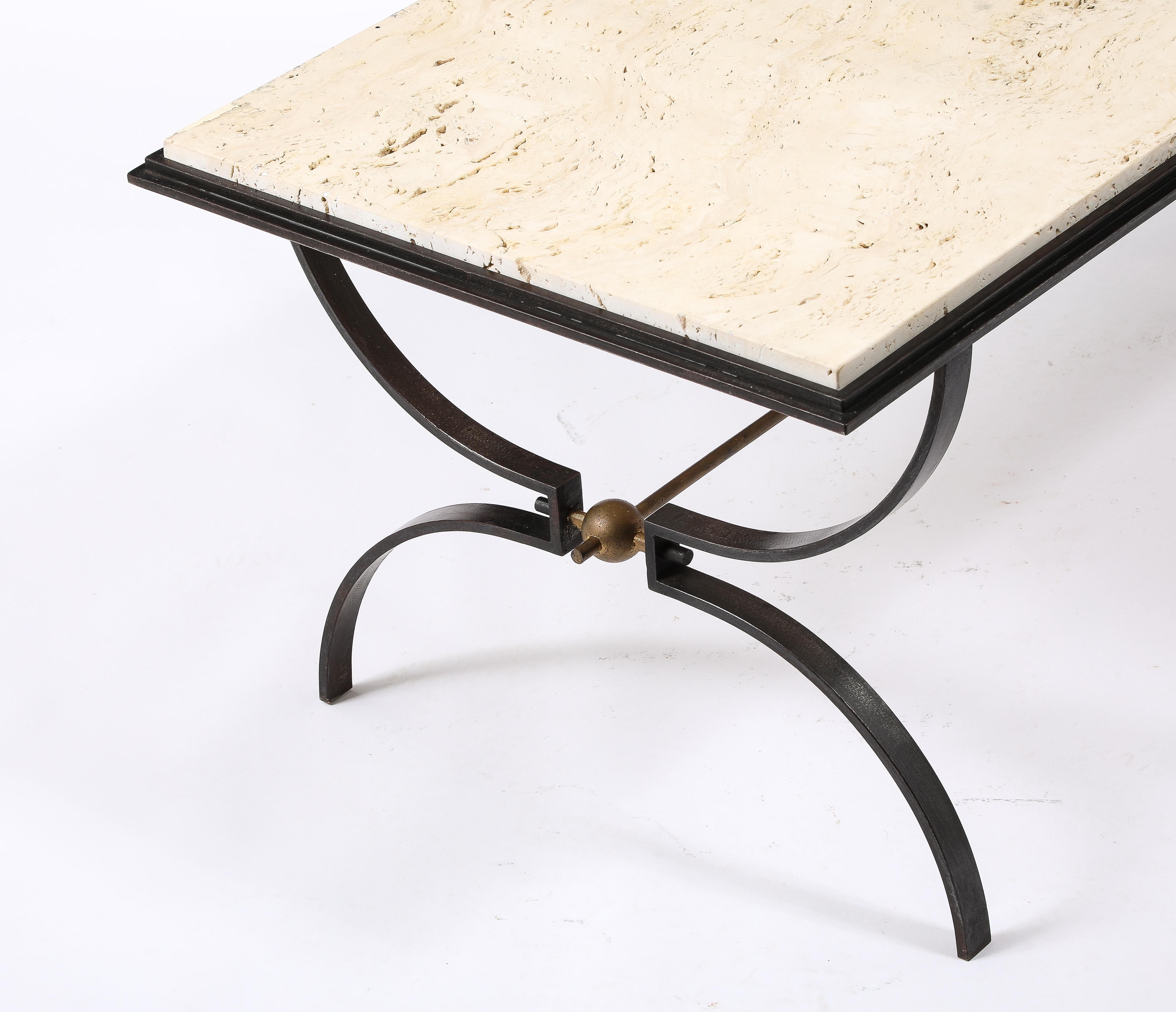 Maison jansen Travertine and Wrought Iron Coffee Table For Sale 7