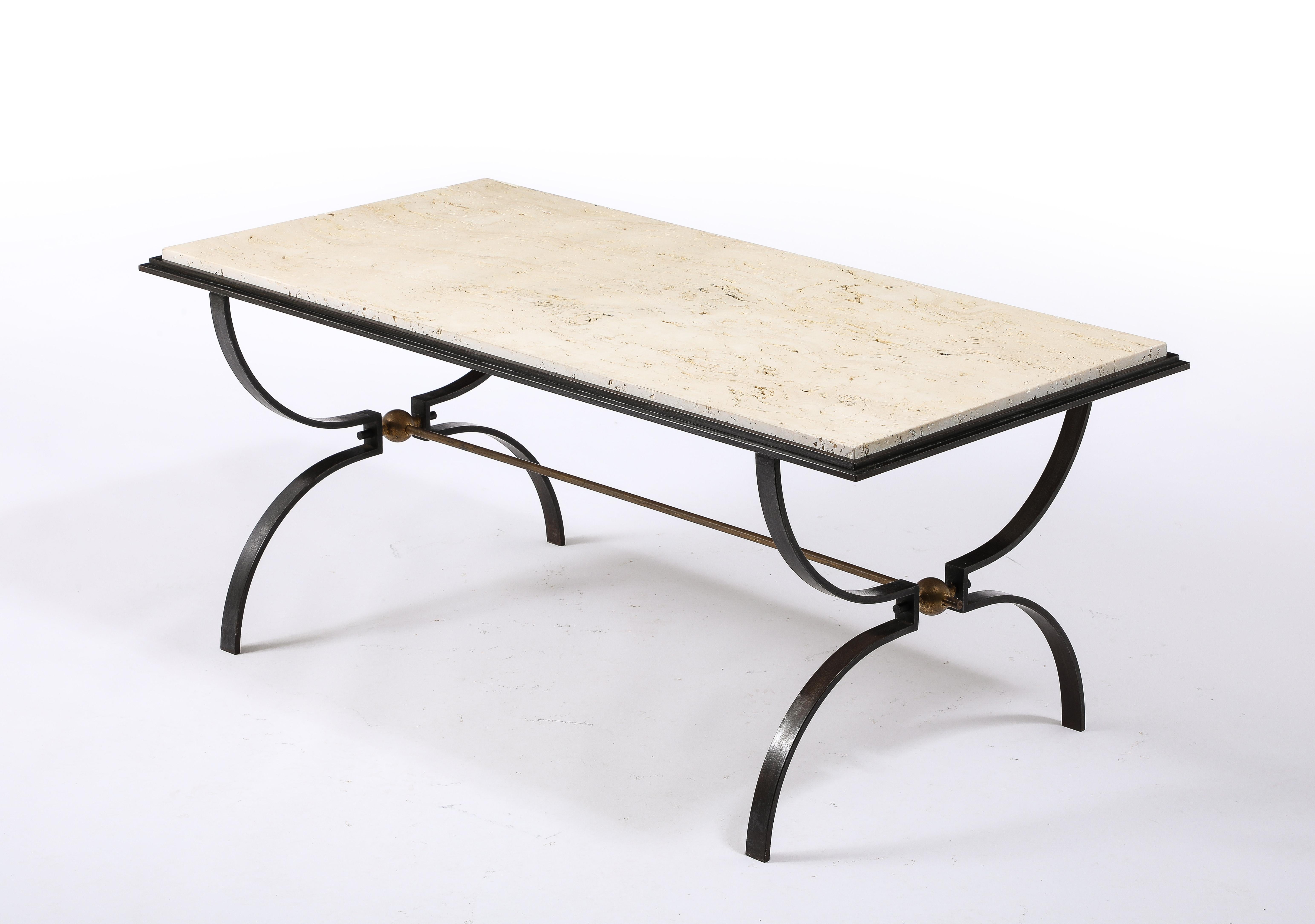 Maison jansen Travertine and Wrought Iron Coffee Table For Sale 11