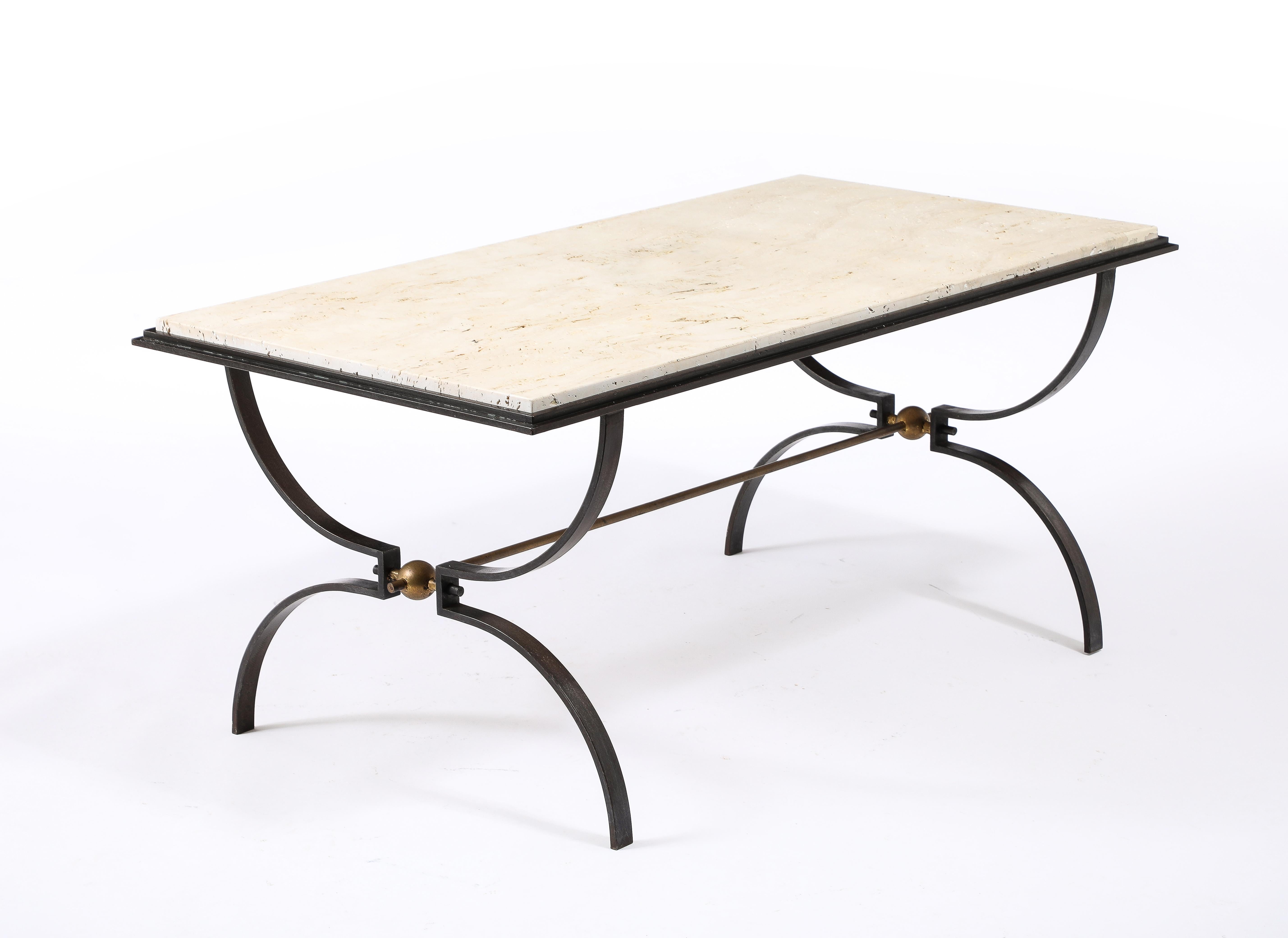 Art Deco Maison jansen Travertine and Wrought Iron Coffee Table For Sale