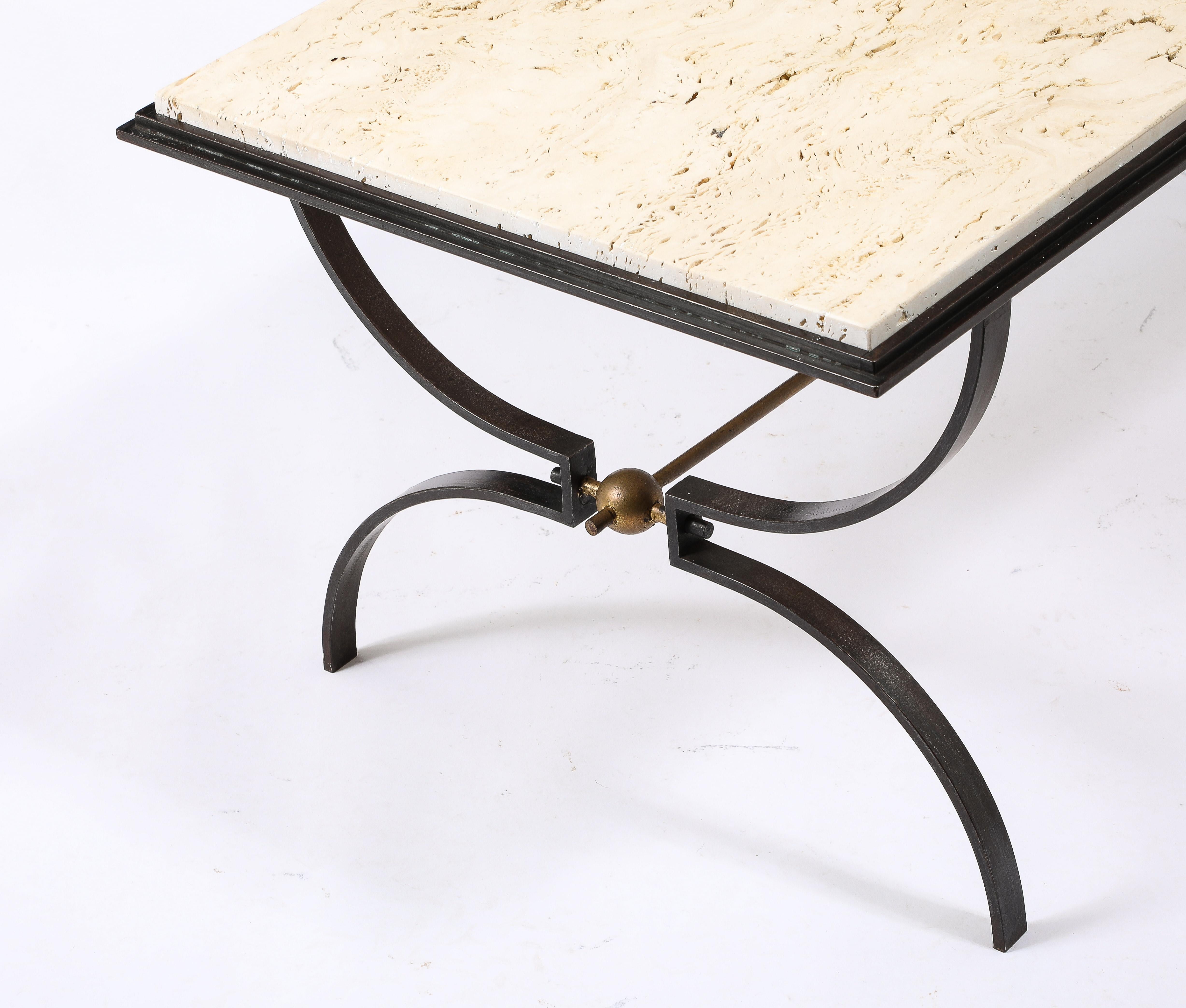 French Maison jansen Travertine and Wrought Iron Coffee Table For Sale