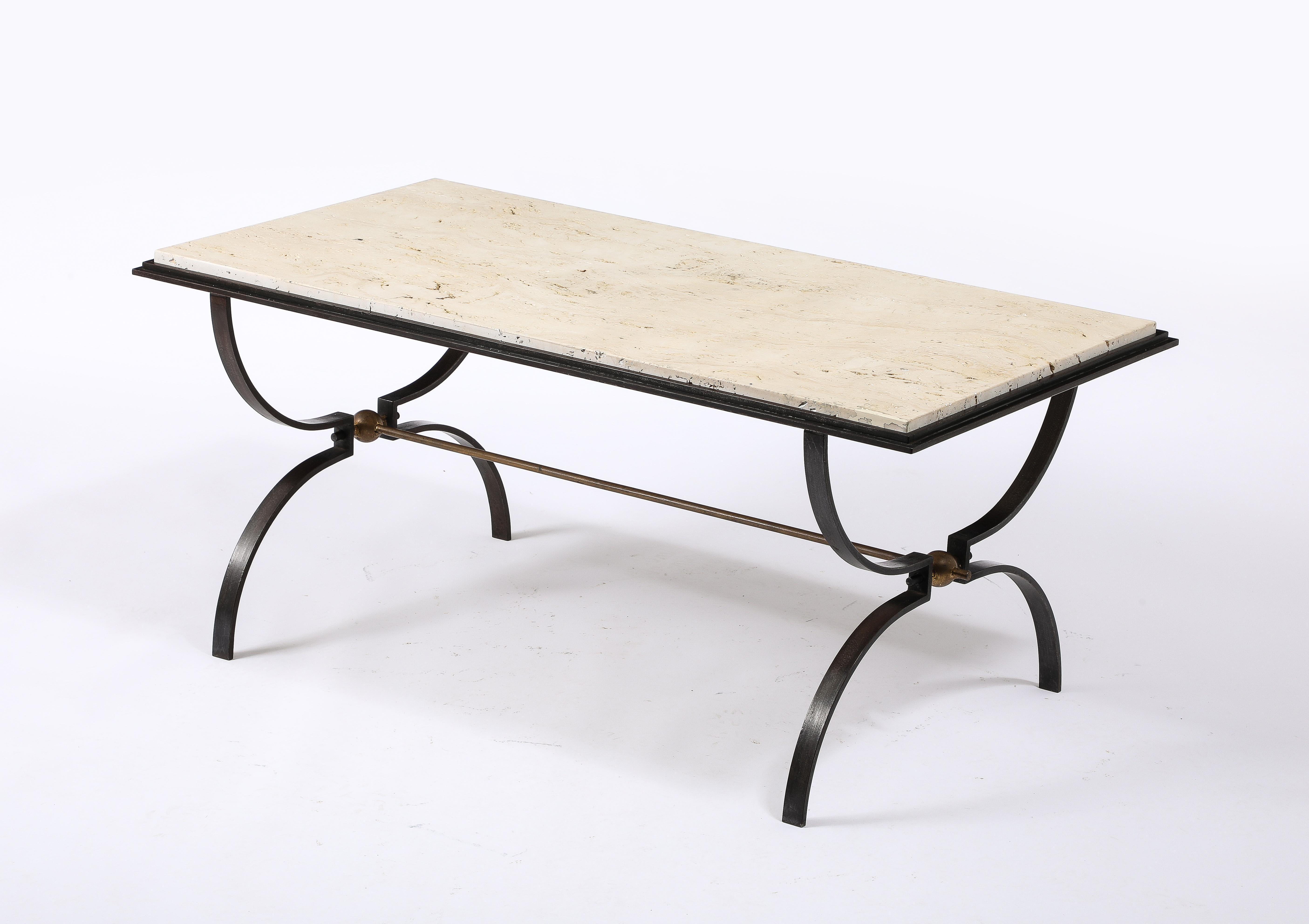 20th Century Maison jansen Travertine and Wrought Iron Coffee Table For Sale