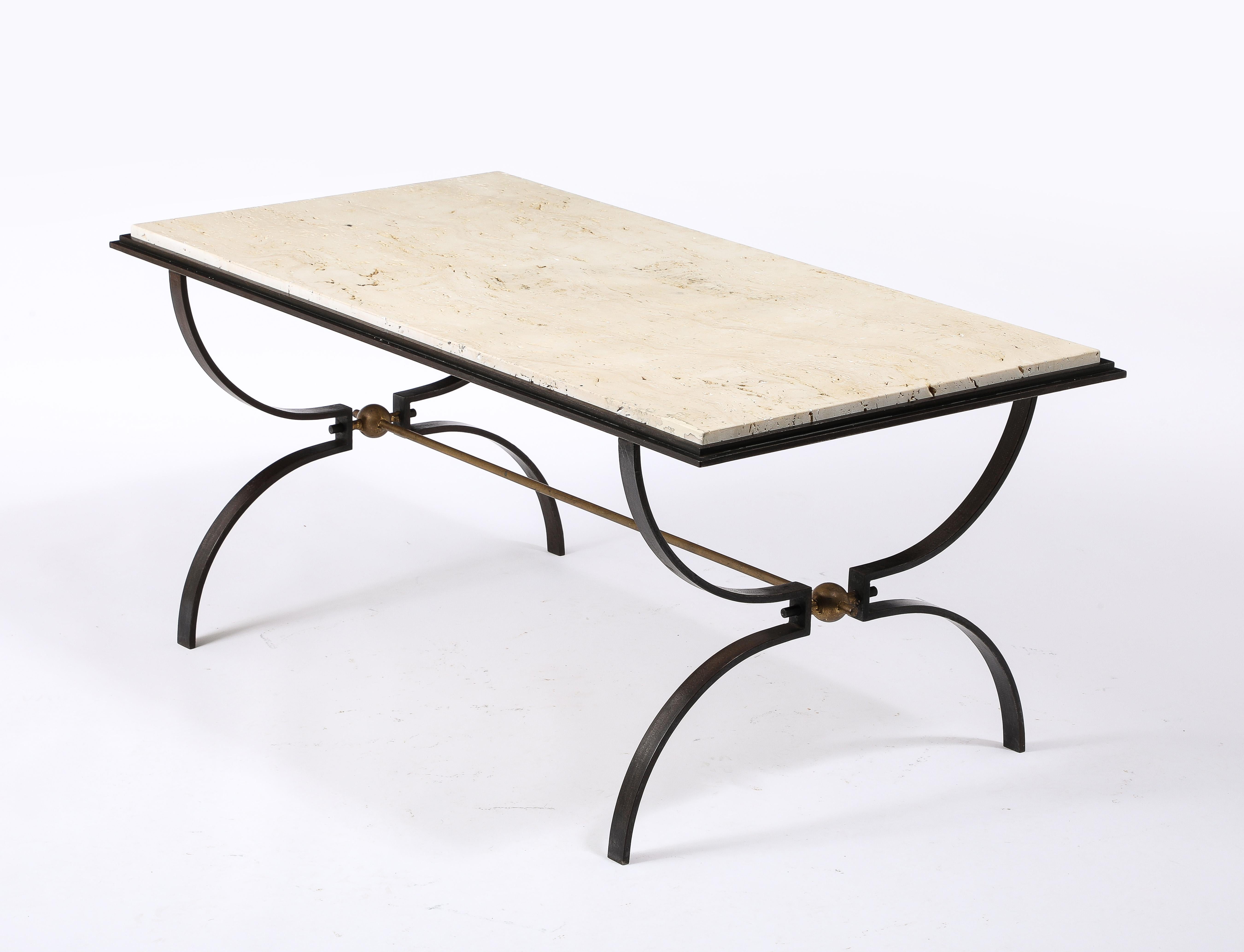 Maison jansen Travertine and Wrought Iron Coffee Table For Sale 1