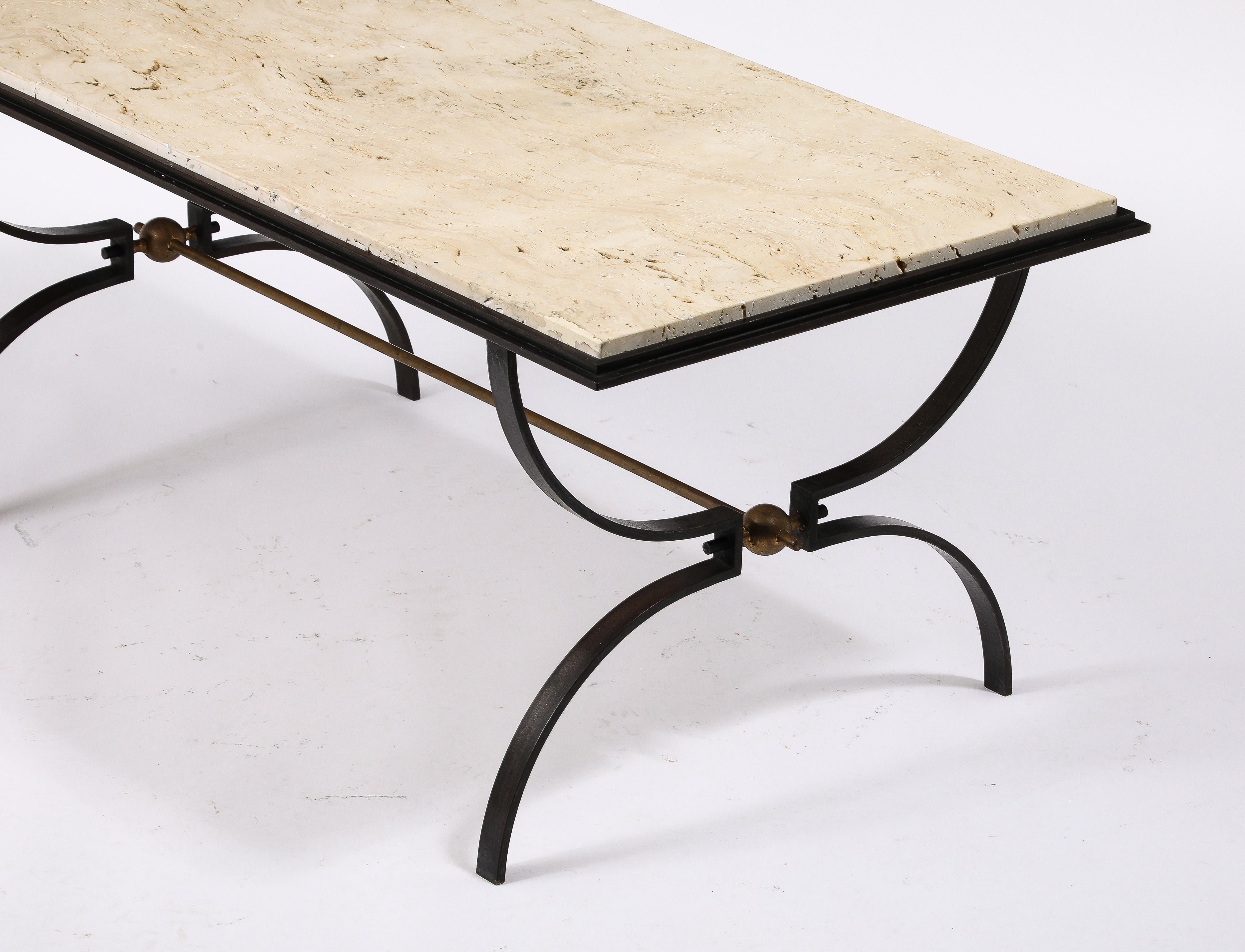 Maison jansen Travertine and Wrought Iron Coffee Table For Sale 2