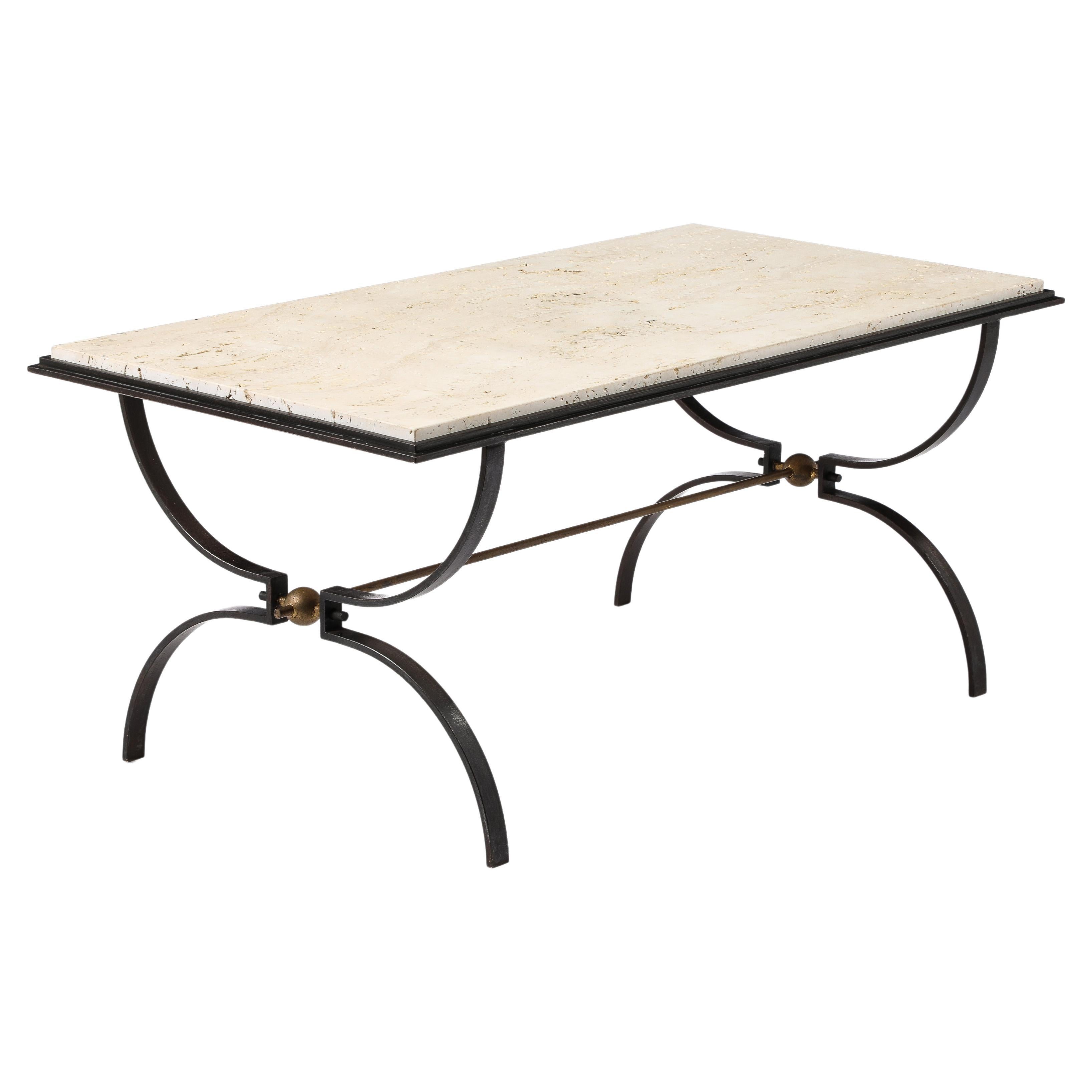 Maison jansen Travertine and Wrought Iron Coffee Table For Sale