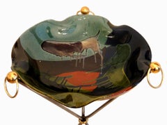 Maison Jansen French Iron & Brass Tripod Table Vallauris Ceramic Top, Signed