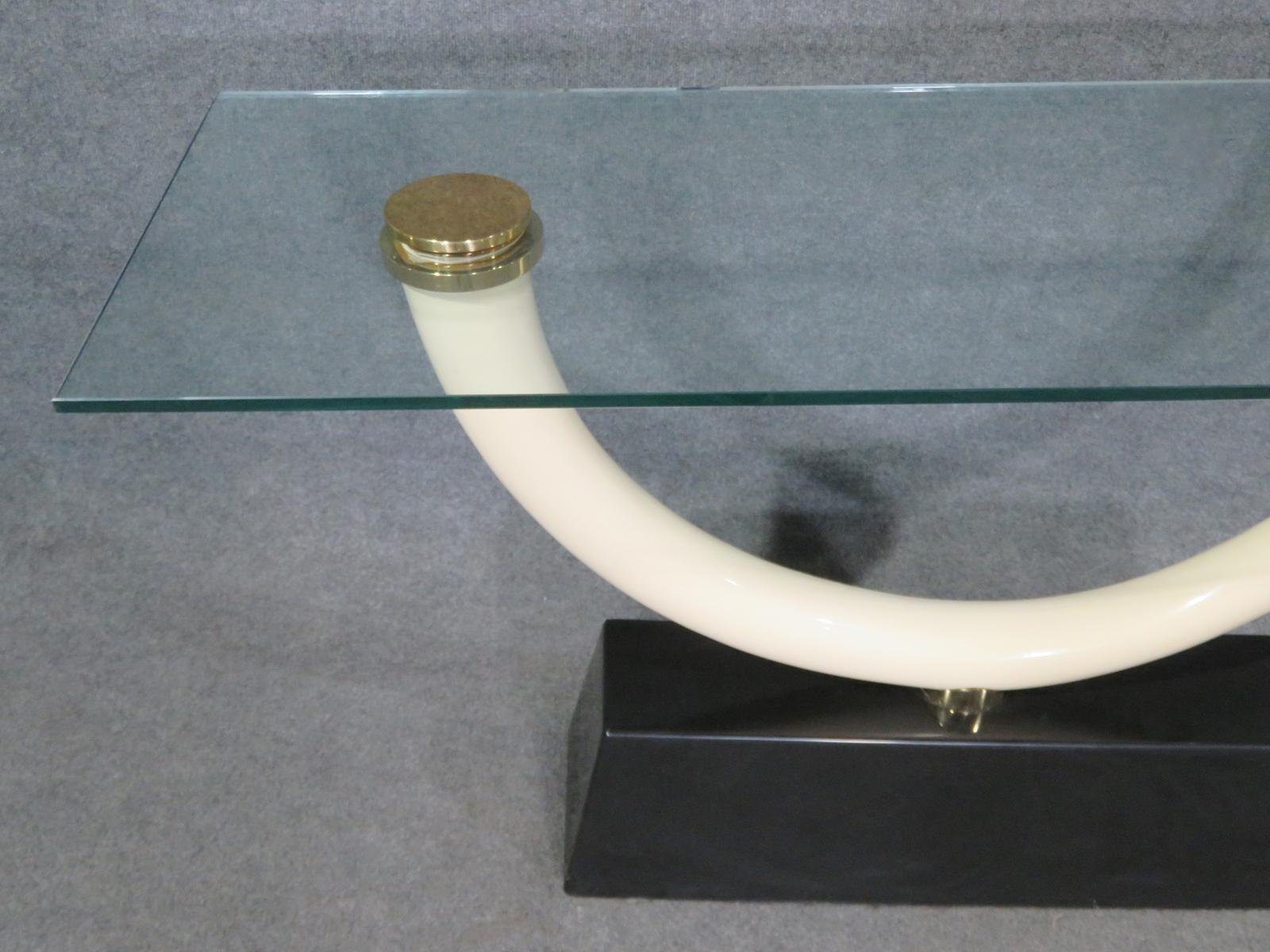 Maison Jansen Tusk Form Glass Top Console Table circa 1970 In Good Condition In Swedesboro, NJ