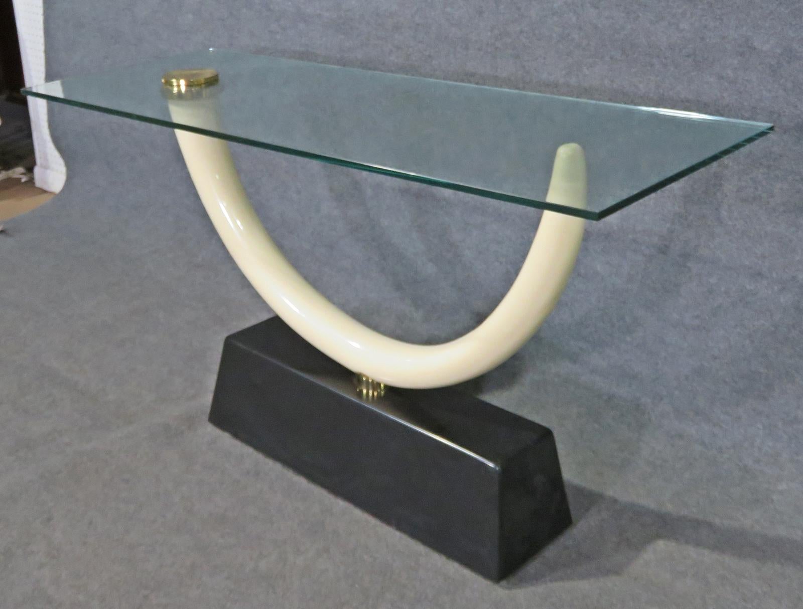 Brass Maison Jansen Tusk Form Glass Top Console Table circa 1970