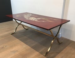 Maison Jansen, Unique Coffee Table with Claw Feet Brass Base and Lacquered Wood