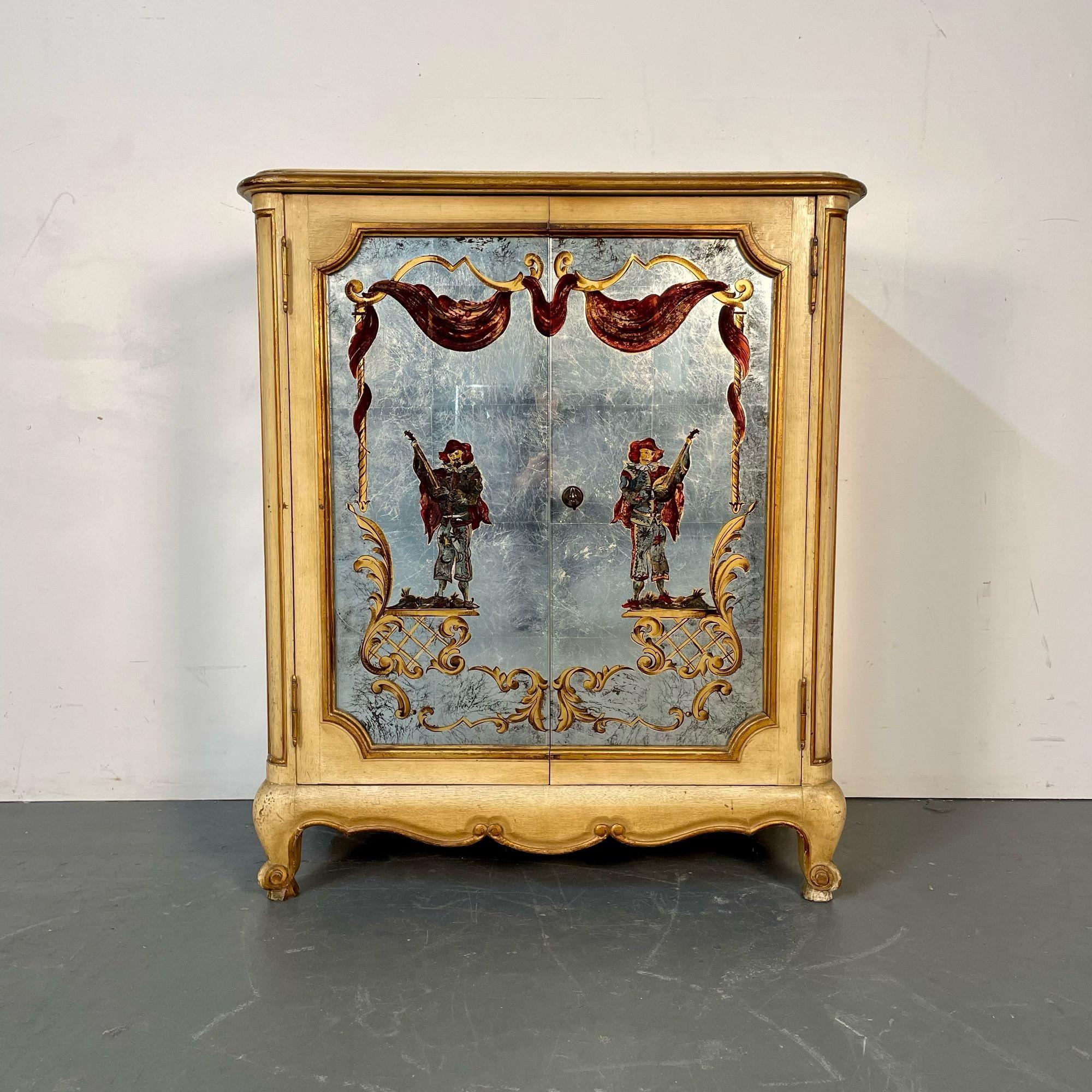 Hollywood Regency Maison Jansen Eglomise and Painted Cabinet / Commode, France

A French Maison Jansen églomisé and painted cabinet commode. A fine Louis XV style cabinet by this highly sought after designer. The églomisé mirrored front doors having