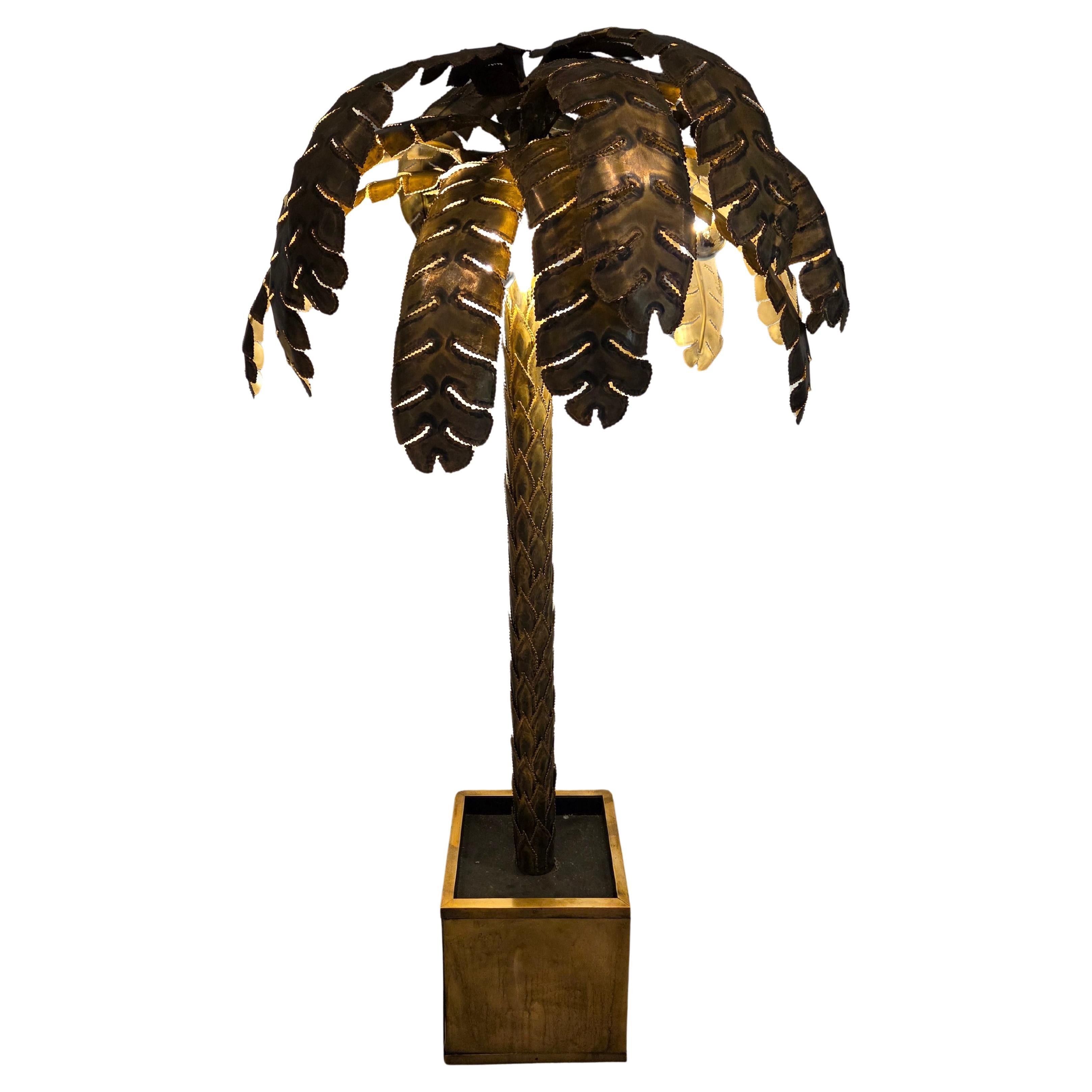 Maison Jansen Lampadaire vintage en laiton avec palmier, 1970, France en vente