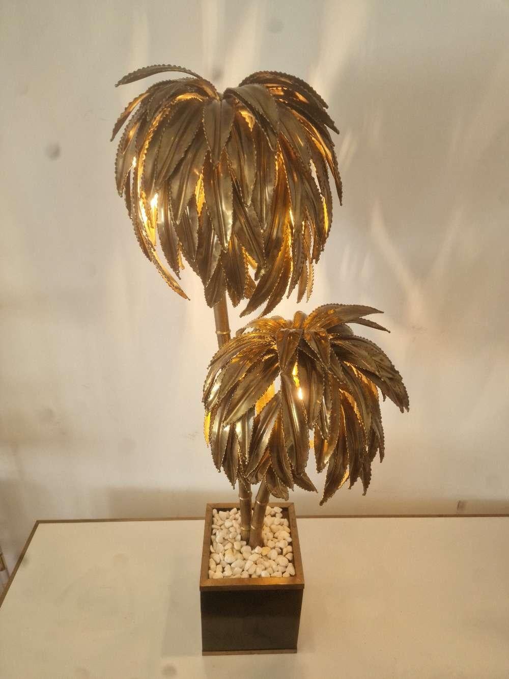 French Maison Jansen Vintage Brass Palm Tree Table Lamp, 1970s, France For Sale