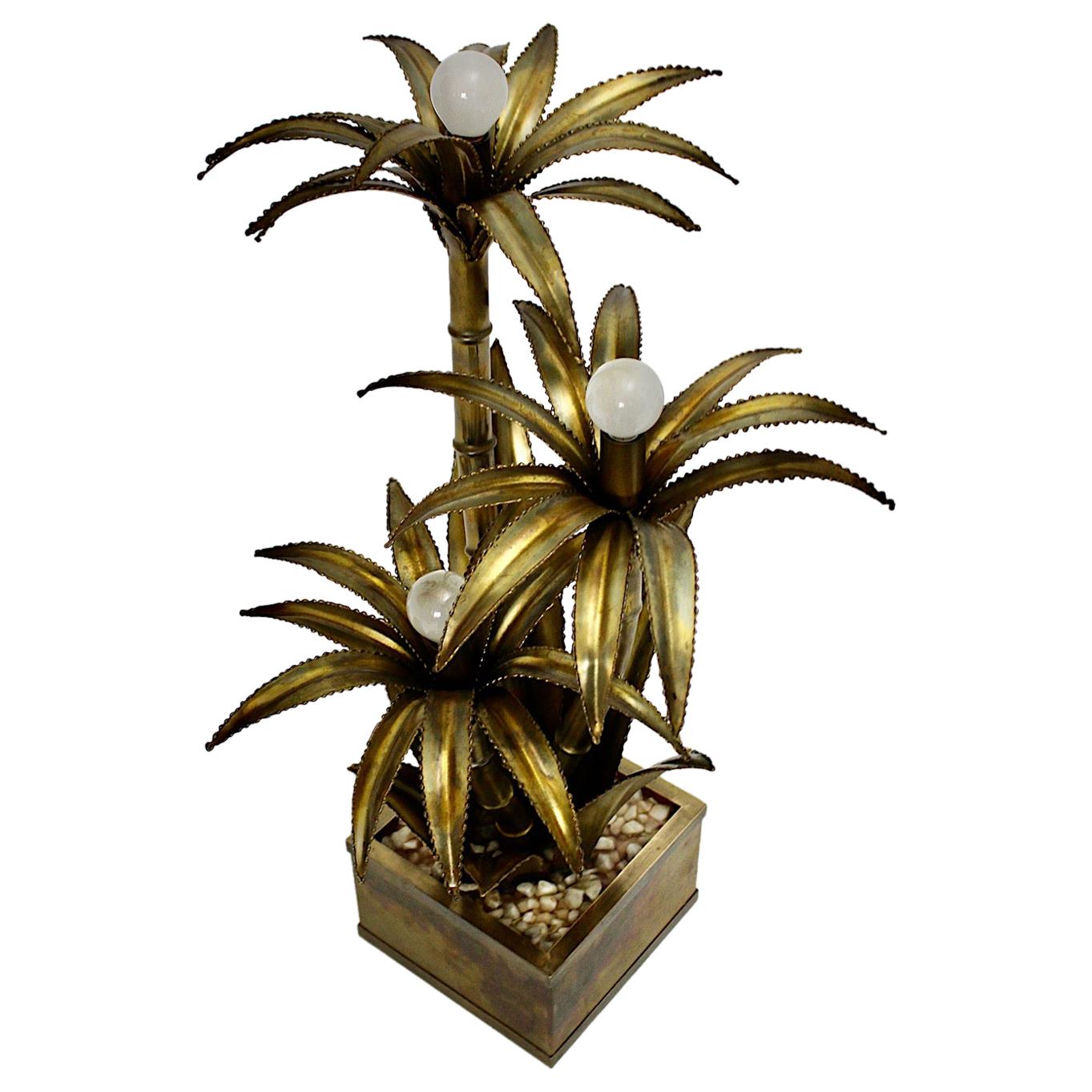 Maison Jansen Vintage Brass Palm Tree Table Lamp, 1970s, France For Sale