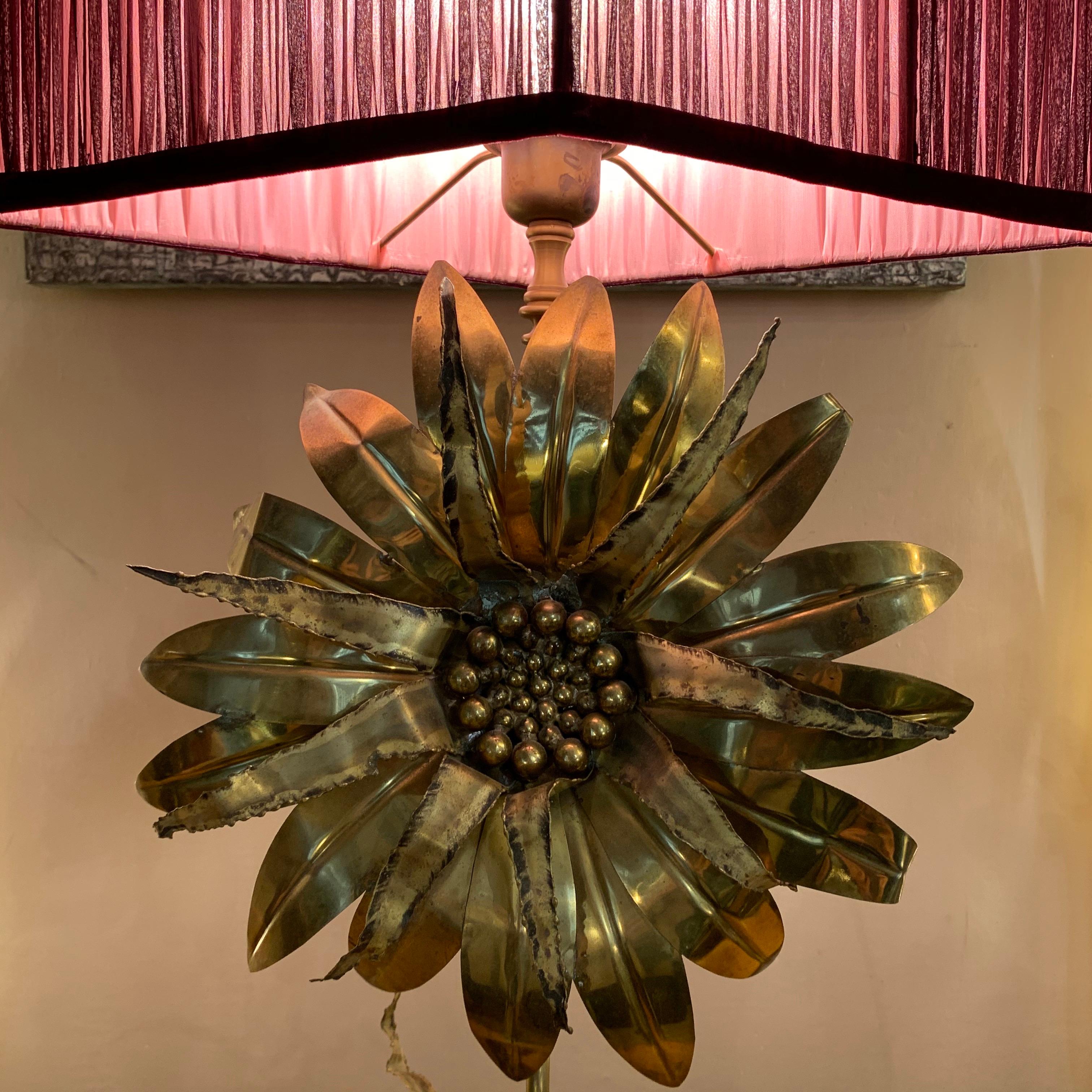Maison Jansen Vintage flower brass table lamp with our hand-ruffled lampshade and square wood base. This highly decorative table lamp is formed into sharp leaves and flower. Our handcrafted lampshade is made of double color silk chiffon (burgundy