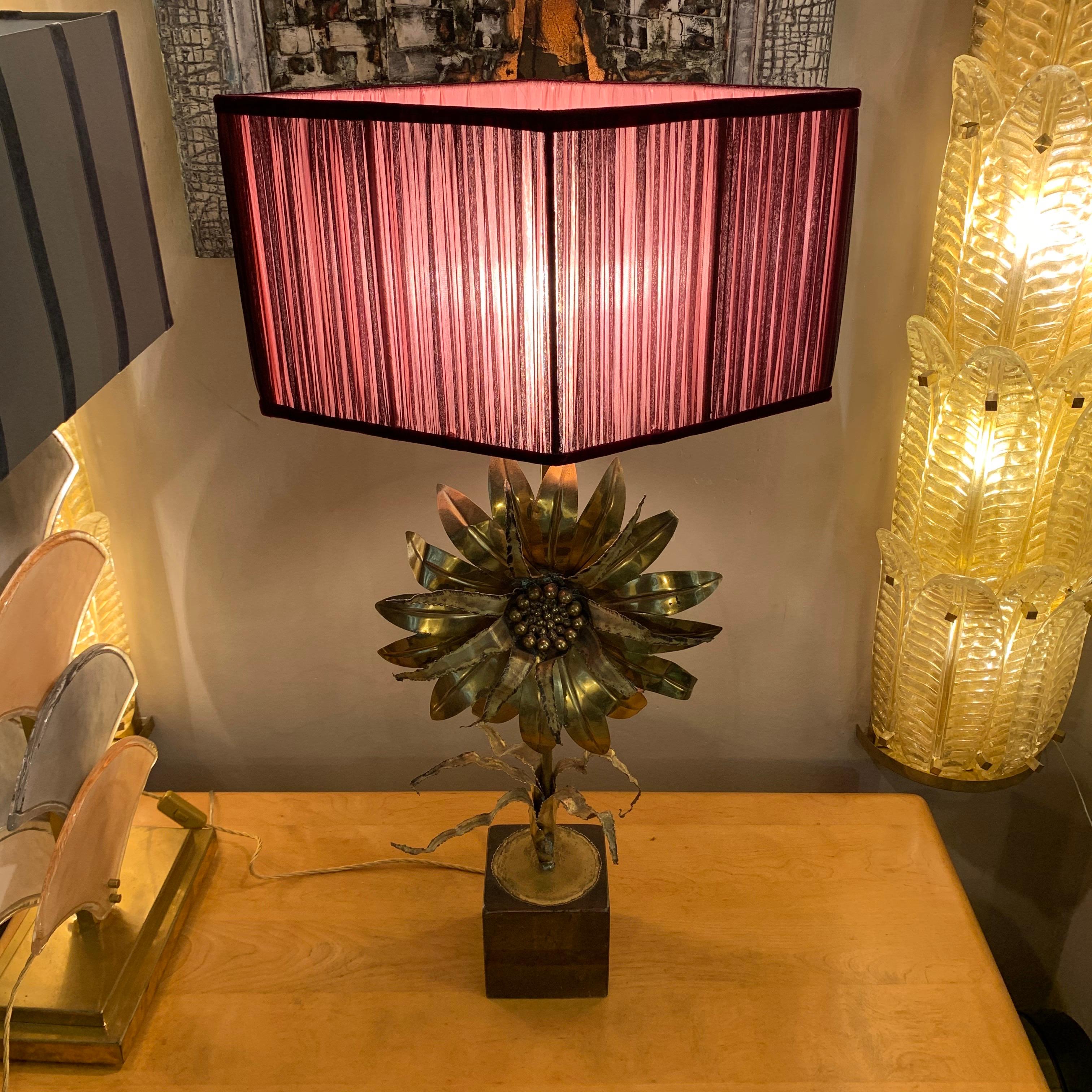Mid-Century Modern Maison Jansen Vintage Flower Brass Table Lamp with our Handcrafted Shade, 1970s