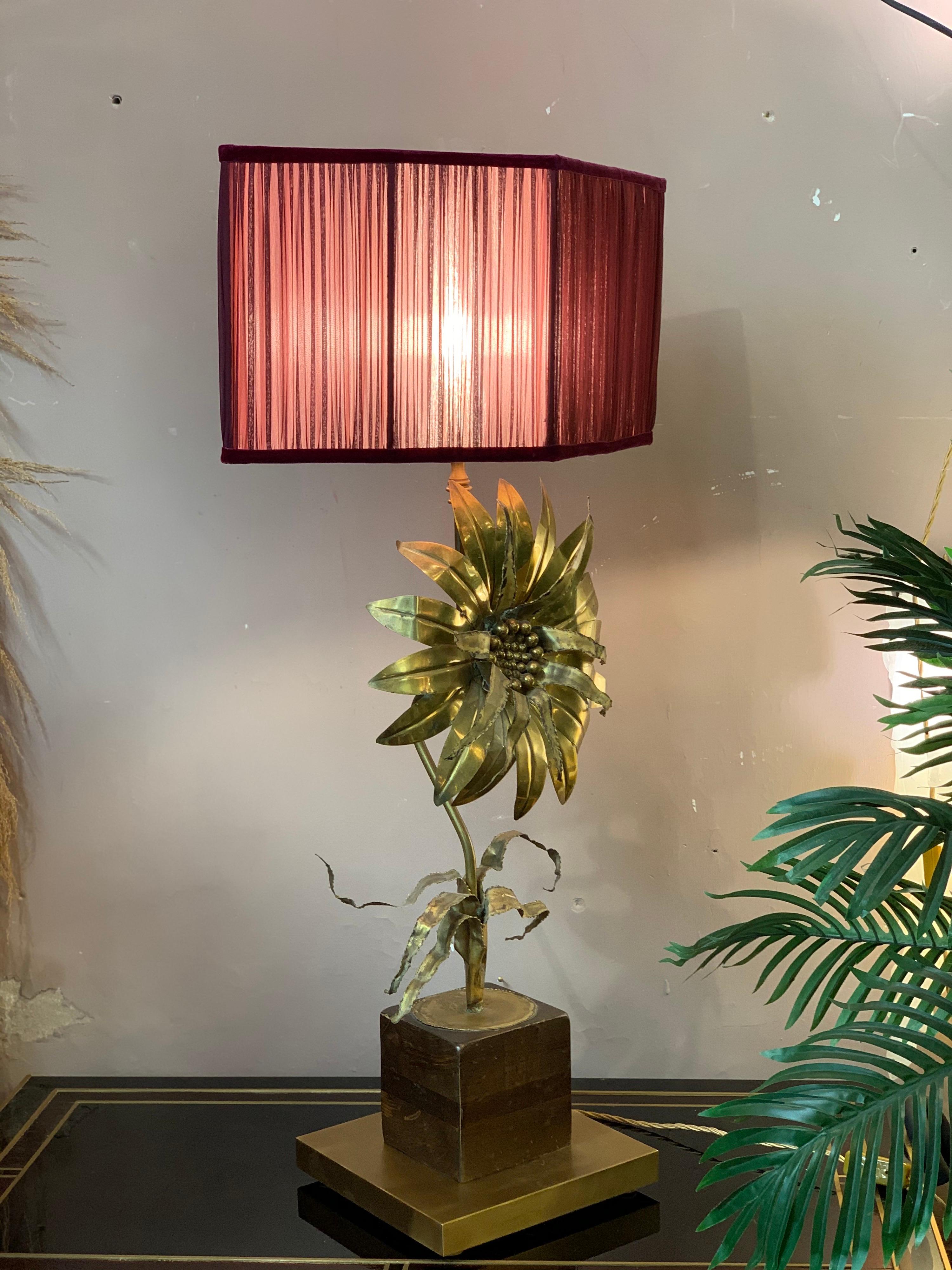 Mid-Century Modern 1970s Maison Jansen Vintage Flower Brass Table Lamp with our Handcrafted Shade