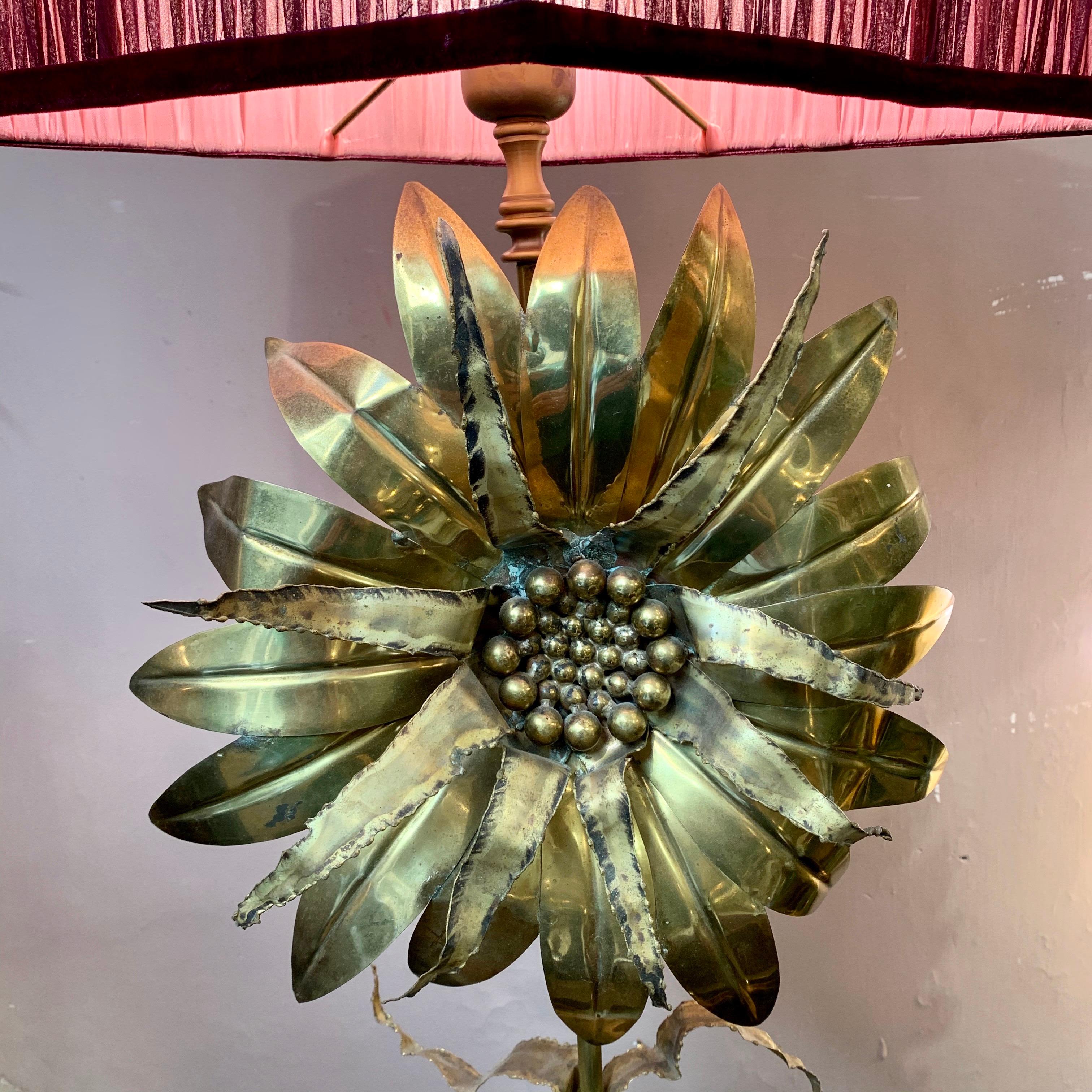 Late 20th Century Maison Jansen Vintage Flower Brass Table Lamp with our Handcrafted Shade, 1970s
