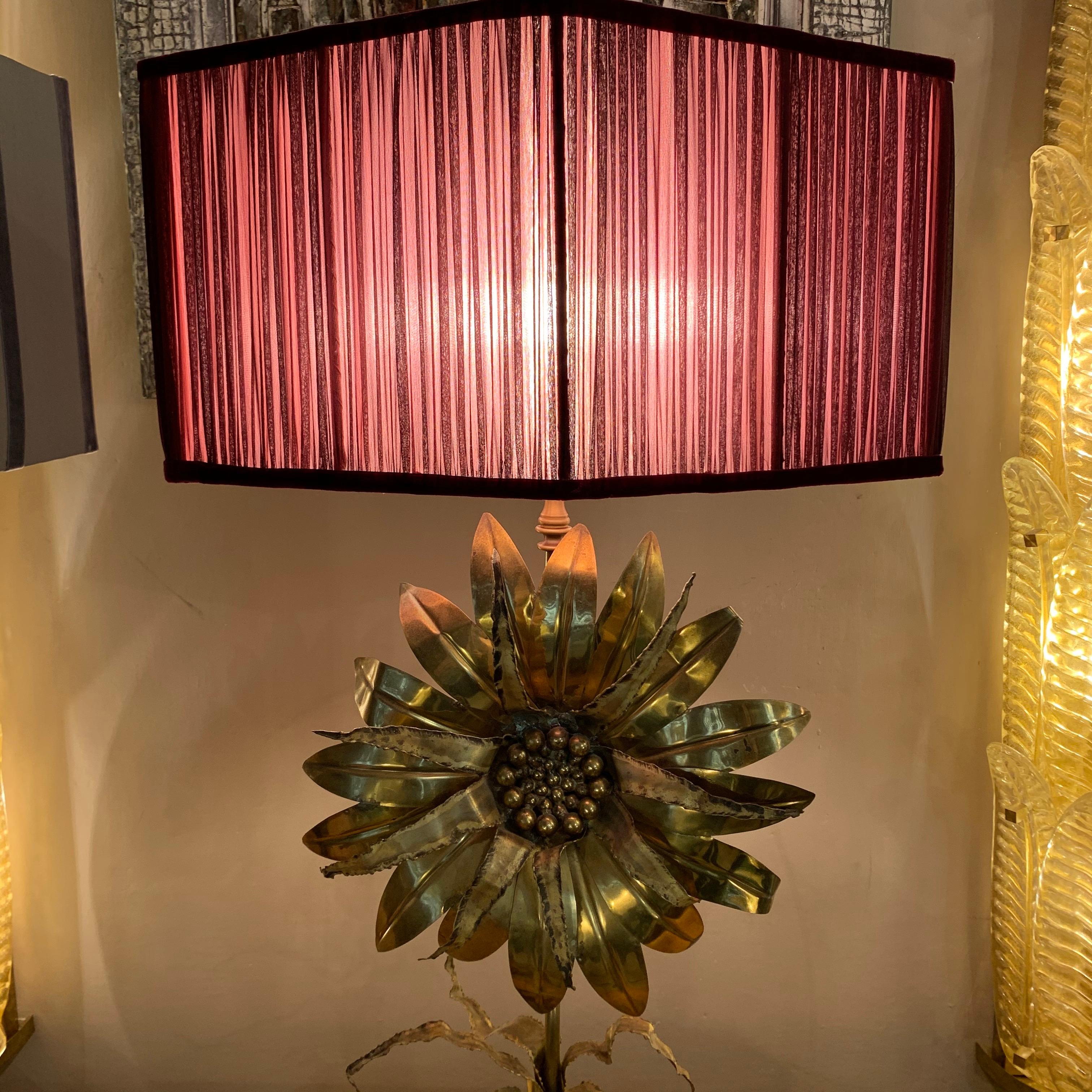 Maison Jansen Vintage Flower Brass Table Lamp with our Handcrafted Shade, 1970s 3