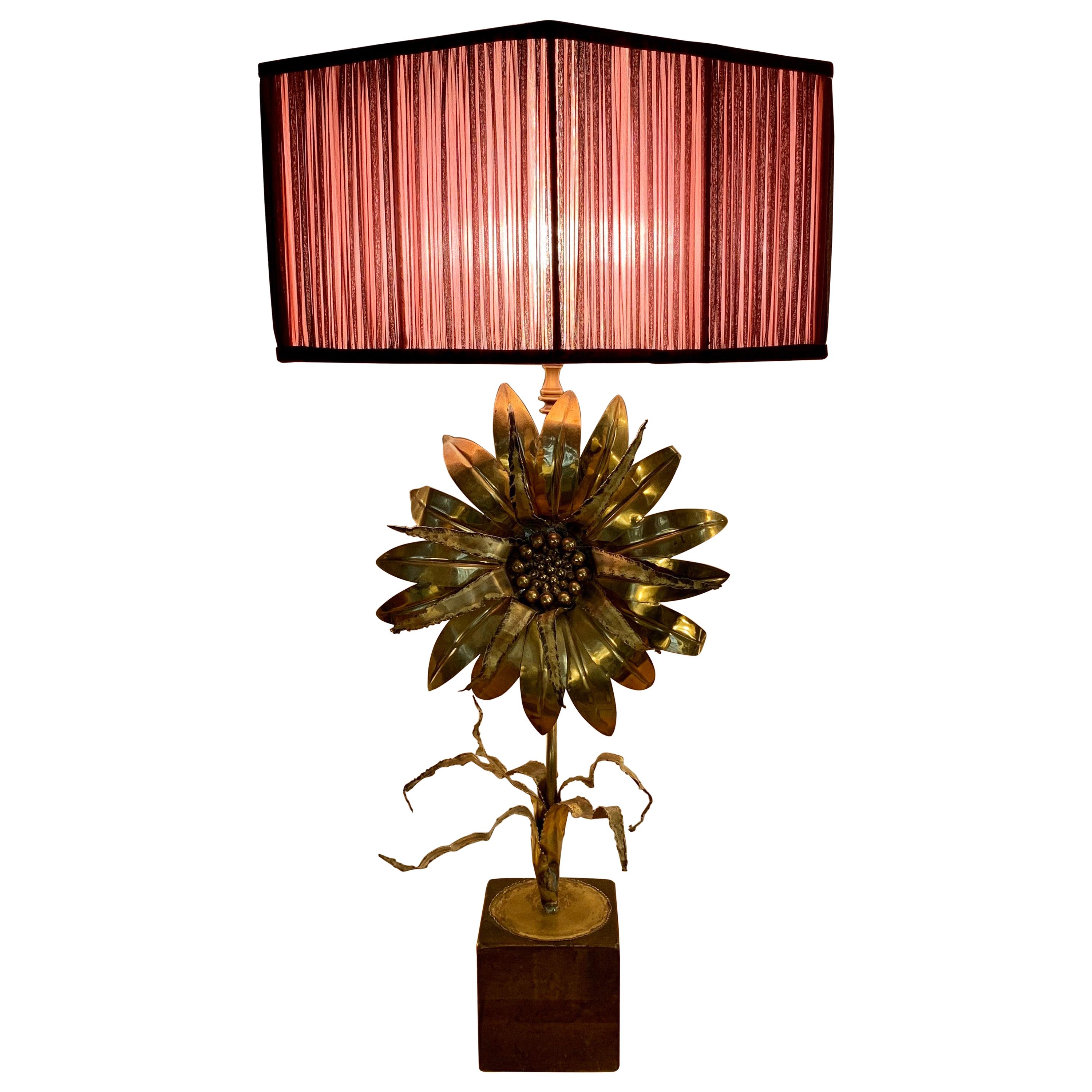 Maison Jansen Vintage Flower Brass Table Lamp with our Handcrafted Shade, 1970s