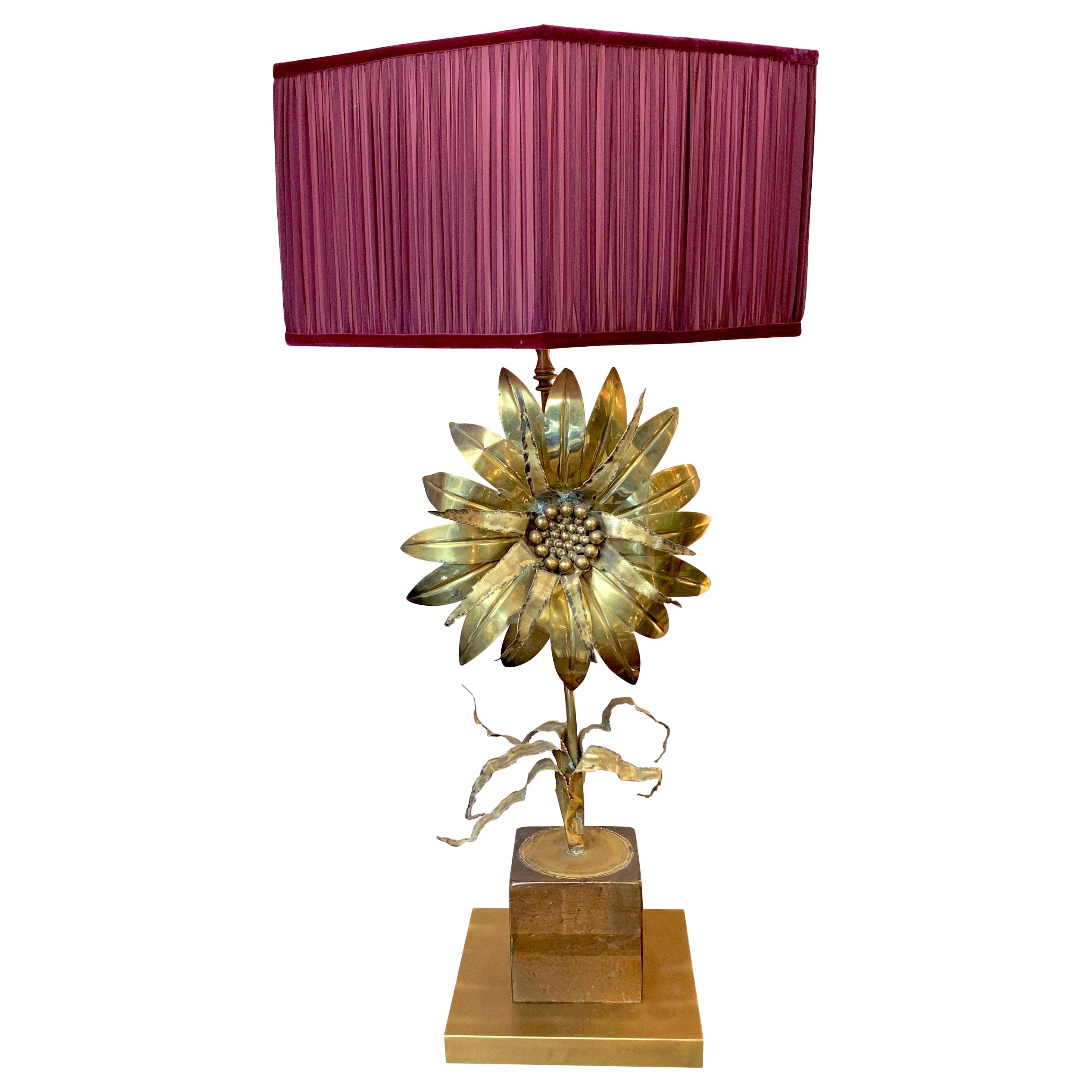 1970s Maison Jansen Vintage Flower Brass Table Lamp with our Handcrafted Shade
