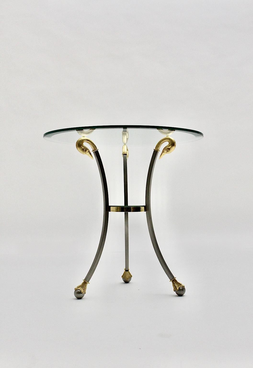 French Hollywood Regency Style Maison Jansen Gold Chrome Circular Side Table Sofa Table For Sale