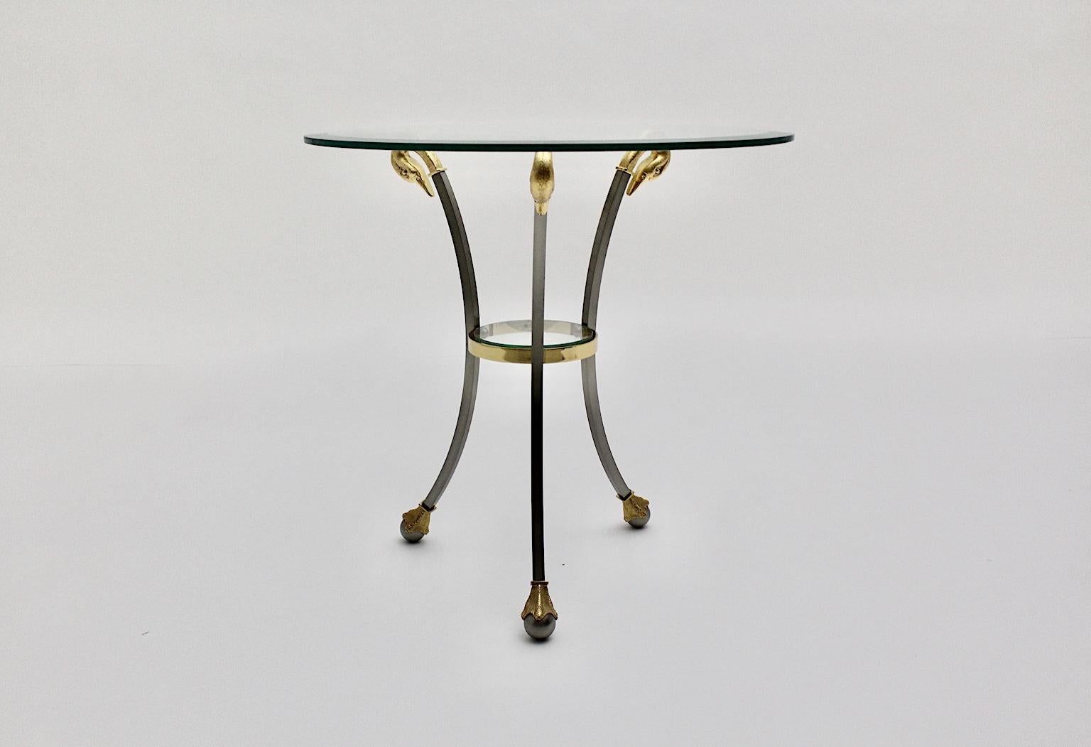 Metal Hollywood Regency Style Maison Jansen Gold Chrome Circular Side Table Sofa Table For Sale