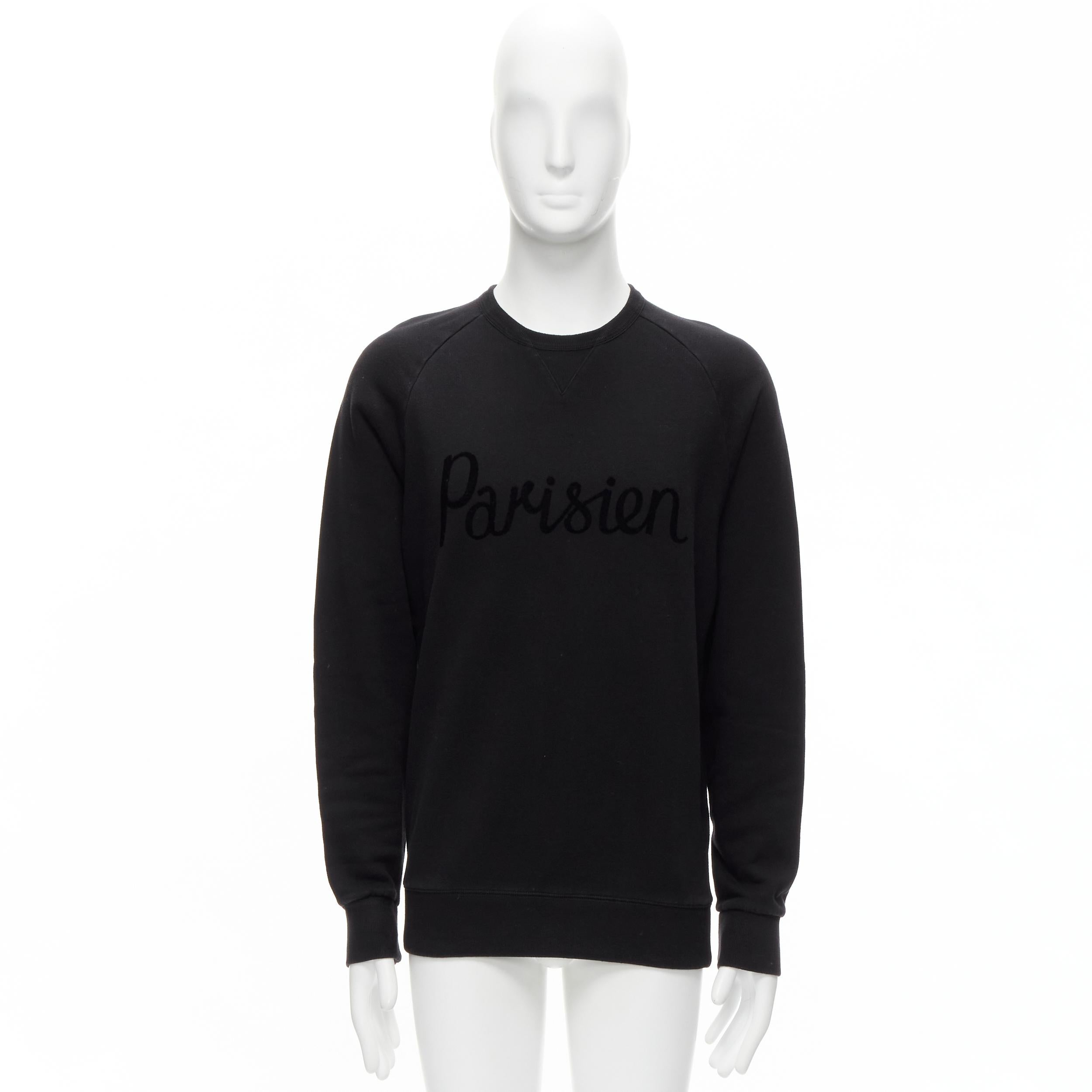 MAISON KITSUNE black velvet Parisien applique cotton crew sweatshirt M For Sale 5