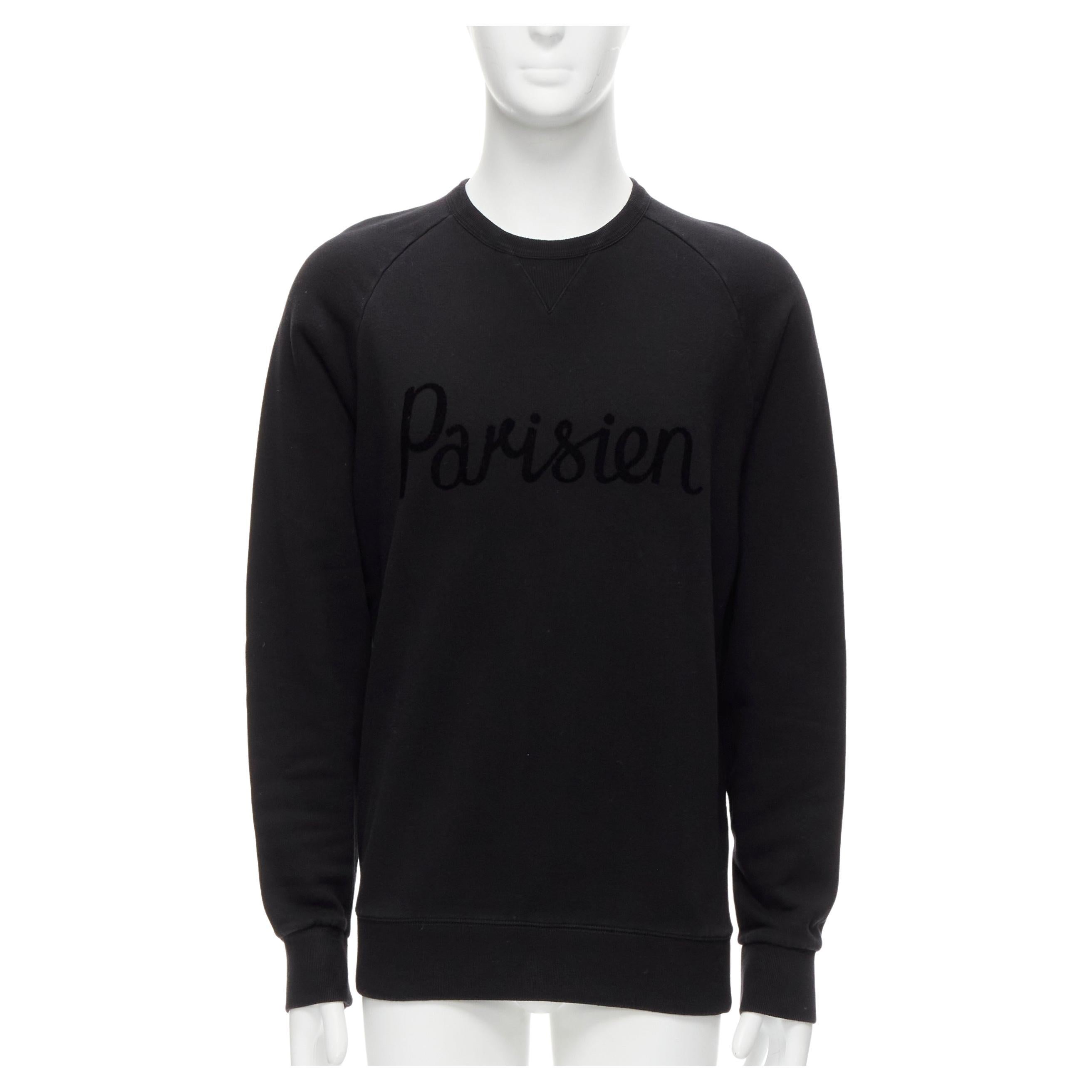 MAISON KITSUNE black velvet Parisien applique cotton crew sweatshirt M For Sale