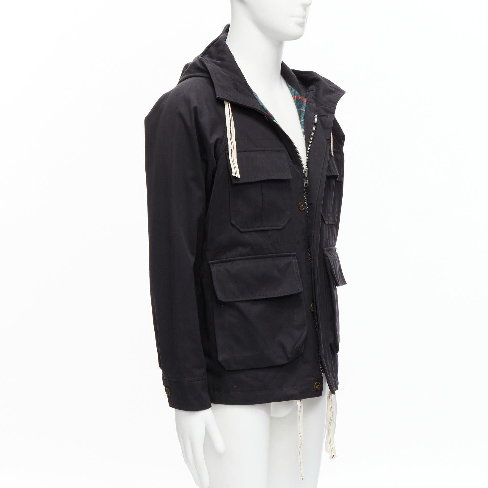 Black MAISON KITSUNE black wool blend stripes web drawstring 4 pockets parka jacket S For Sale