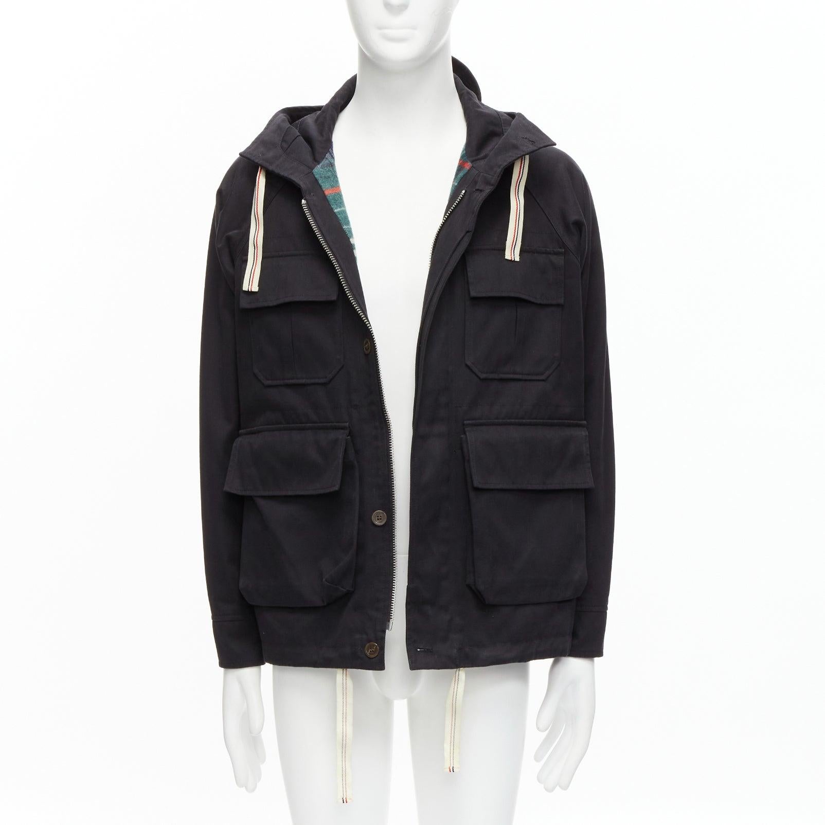 MAISON KITSUNE black wool blend stripes web drawstring 4 pockets parka jacket S For Sale